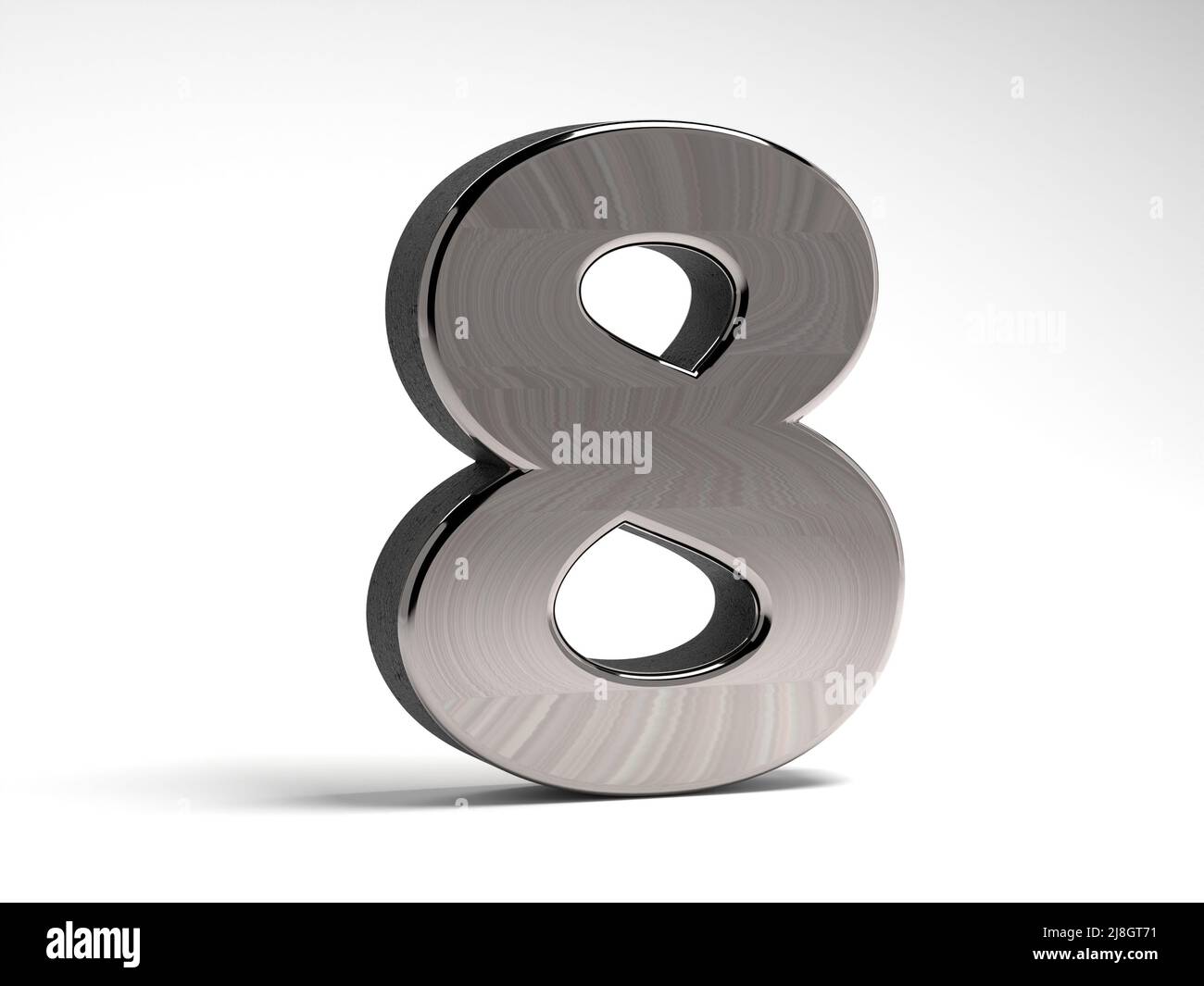 Numero otto in acciaio su sfondo bianco. Cifra volumetrica in metallo. 3D rendering. Foto Stock