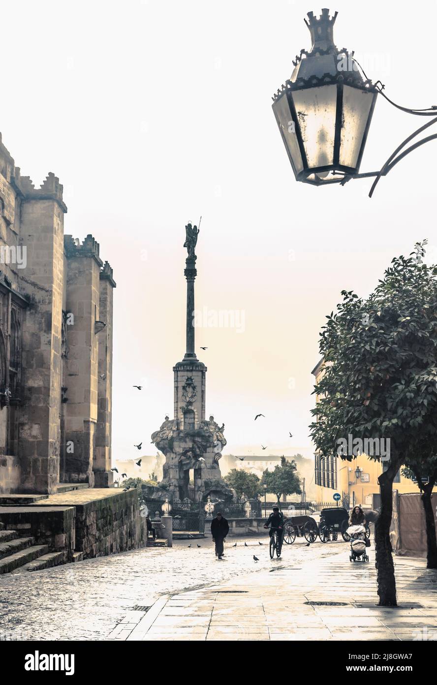 Giornata invernale a Cordoba, provincia di Cordoba, Andalusia, Spagna meridionale. Calle Torrijos e la colonna conosciuta come il Triunfo de San Rafael. Sulla sinistra Foto Stock