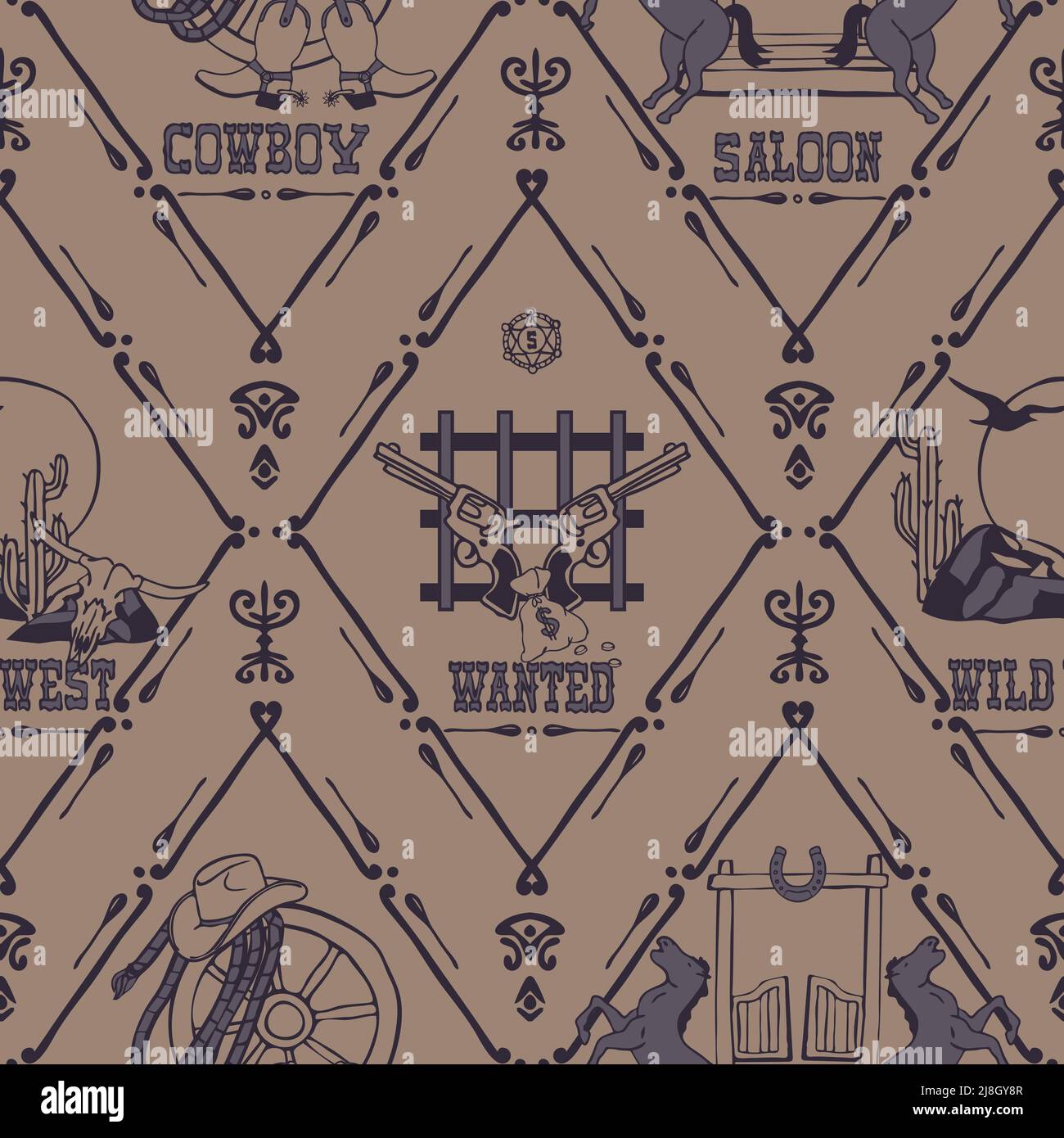 Motivo vettoriale senza giunture con simboli di stile occidentale su sfondo beige. Carta da parati vintage Wild West. Tessile decorativo di moda del Texas. Illustrazione Vettoriale
