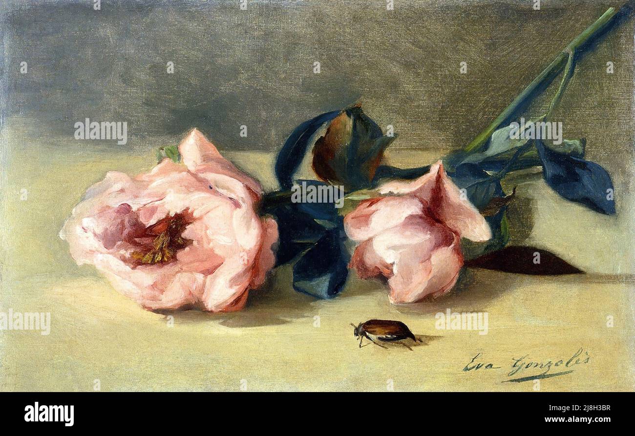 EVA Gonzales/ Peonie e June Bug, olio su tela. 26x35 cm, 1871. Foto Stock