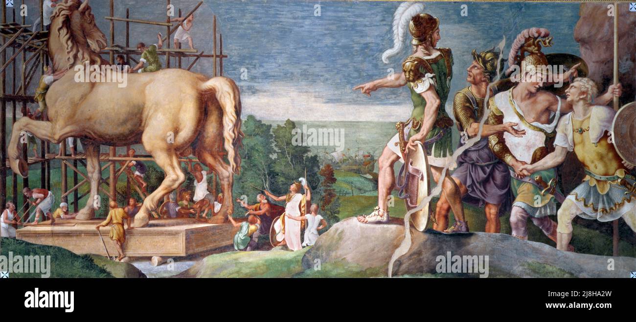 La costruzione del Cavallo di Troia in legno (affresco) di Romano, Giulio (1492-1546) (e laboratorio); Palazzo Ducale & Museo, Mantova, Lombardia, Italia; Italiano, fuori dal copyright. Foto Stock