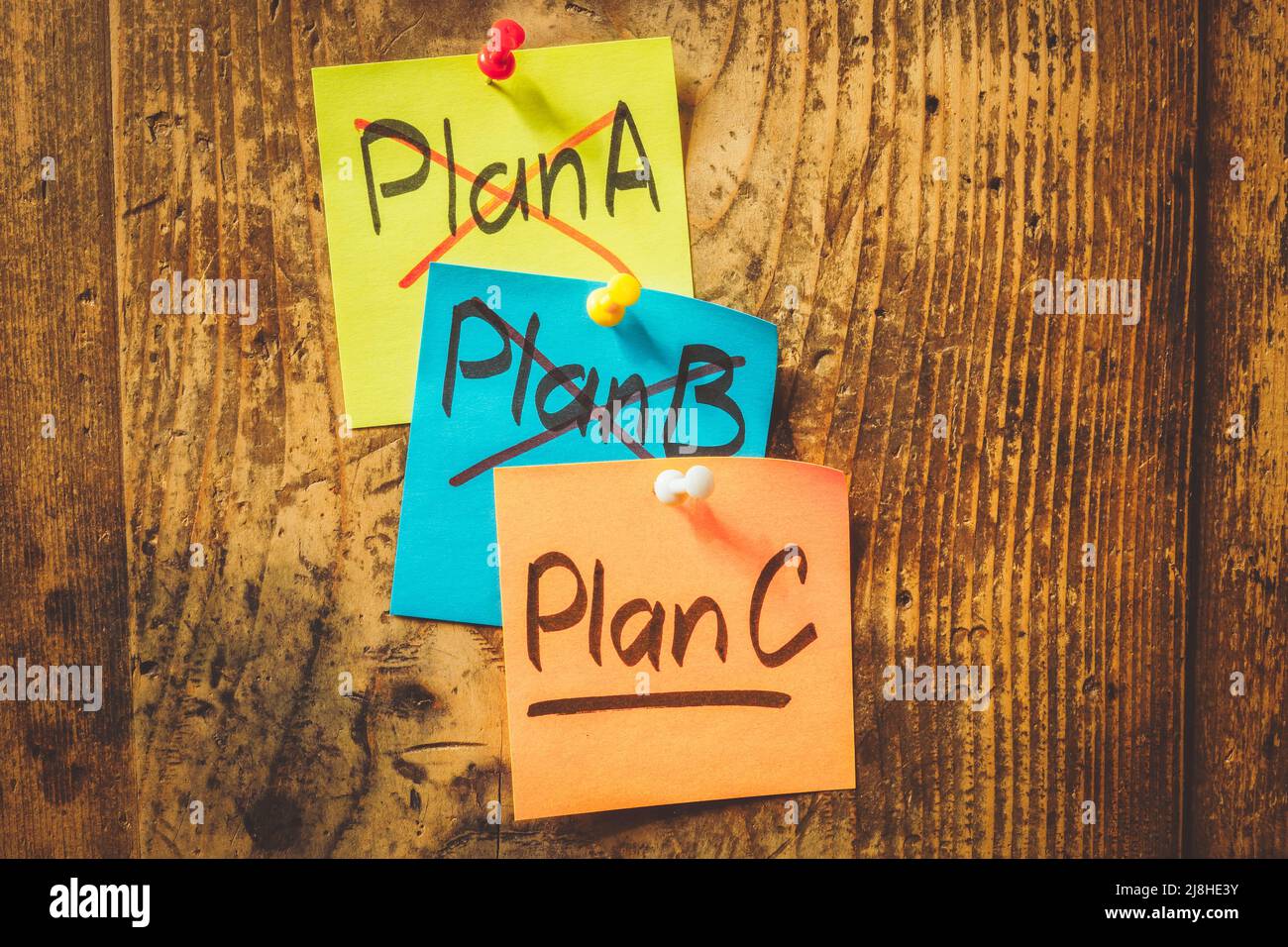 Adesivi sul tabellone. Piano C e piano a e piano b. Foto Stock
