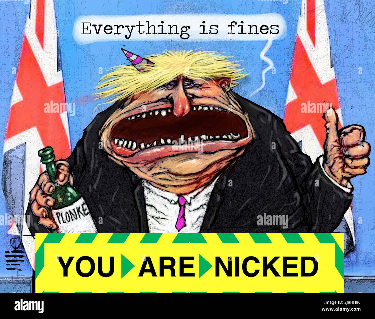 Caricatura satirica britannico x-primo ministro Boris Johnson sul podio, motto dice che si sono nicked / tutto è multe, facendo riferimento a uno scandalo partygate. Foto Stock