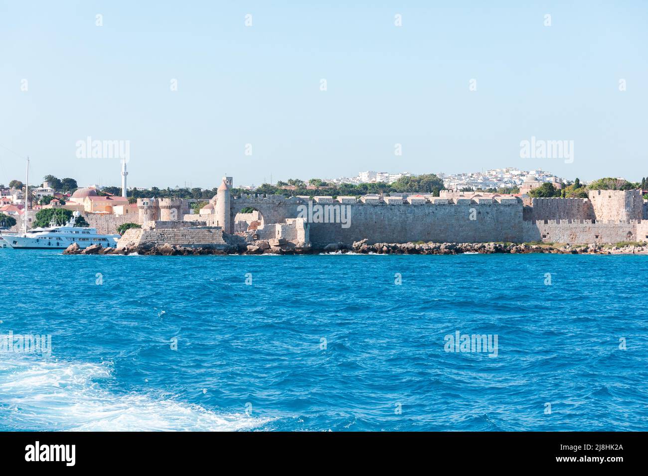 Vista panoramica della città di Rodi dal mare, Grecia Foto Stock