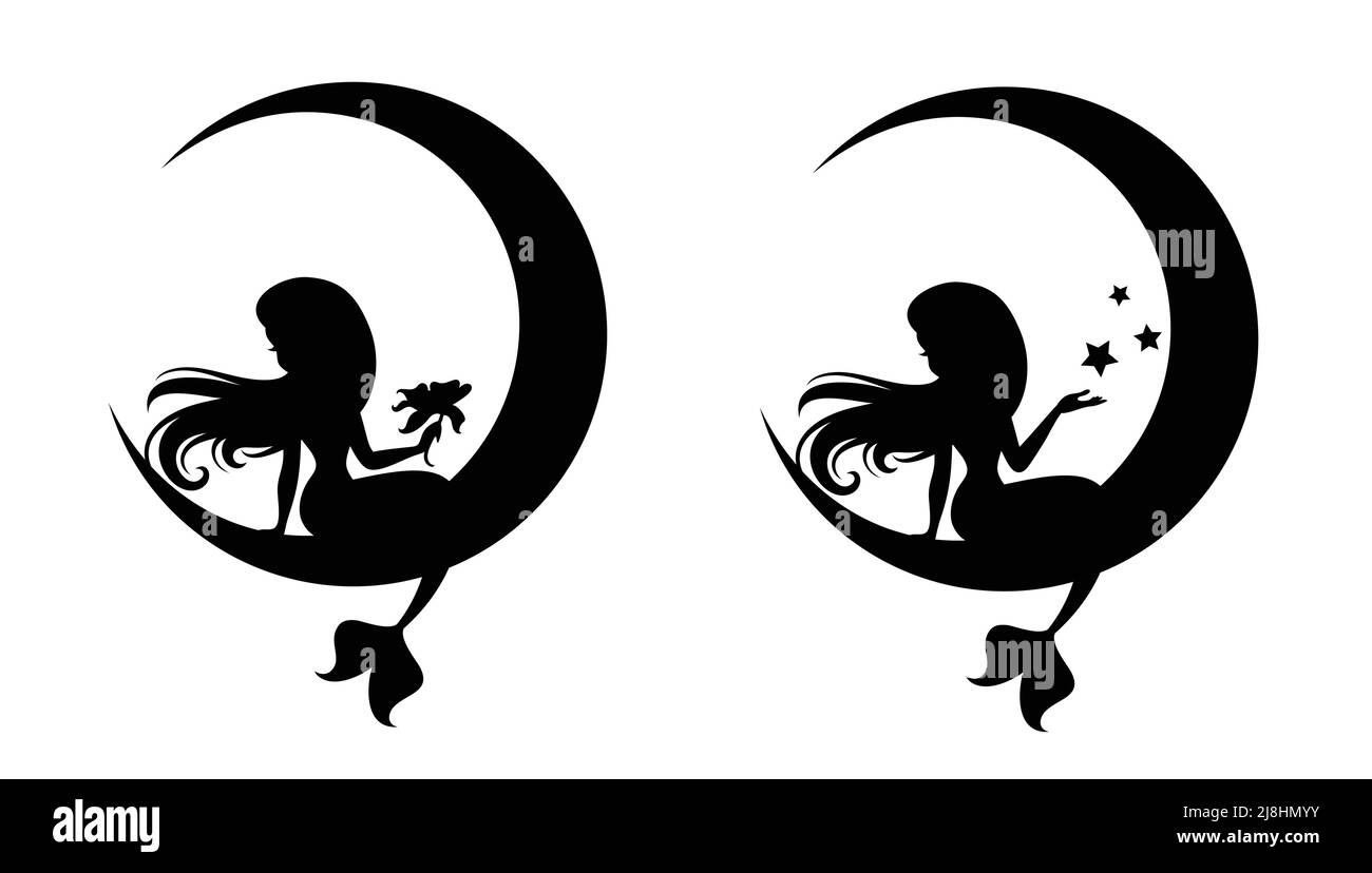 Silhouette di sirene che si siedono sulla luna. Illustrazione Vettoriale
