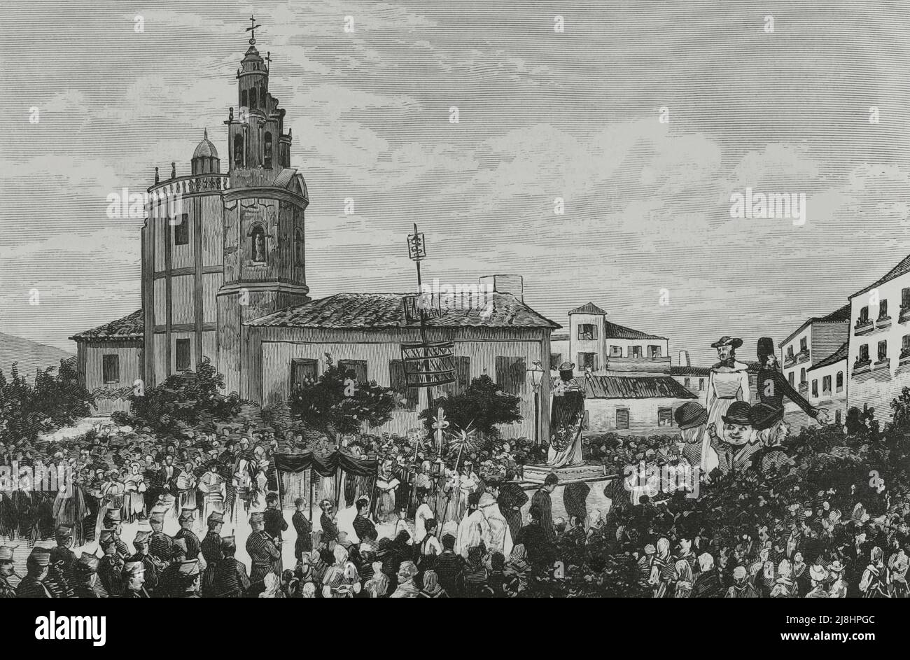 Spagna, Galizia, Pontevedra. I festeggiamenti della città. Processione di 'la Peregrina' il 15th agosto. Incisione, 1882. Foto Stock