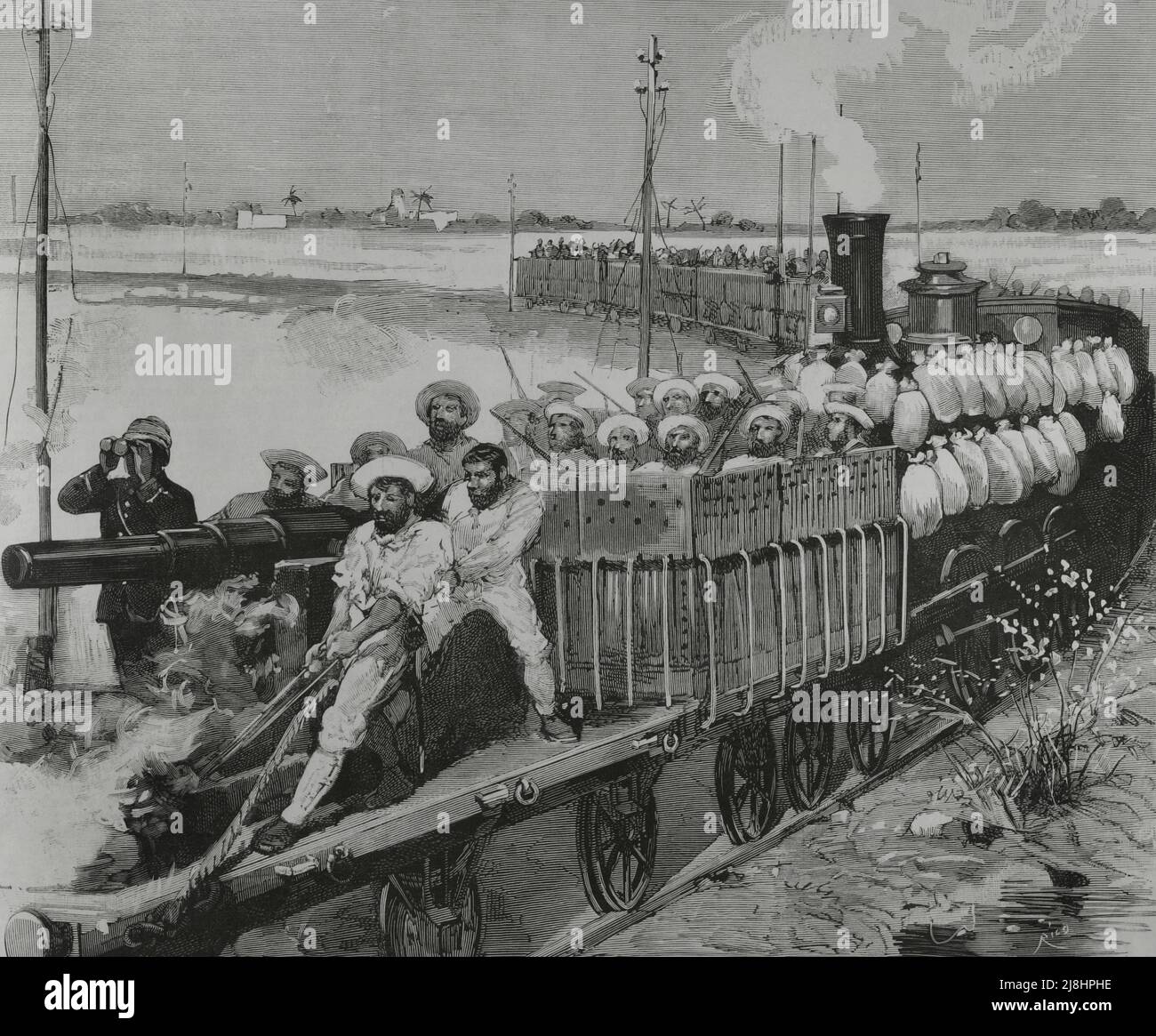 Conquista dell'Egitto da parte delle truppe inglesi, 1882. Egitto. Alessandria (linea inglese). Il treno corazzato utilizzato dal generale Alison. Incisione, 1882. Foto Stock