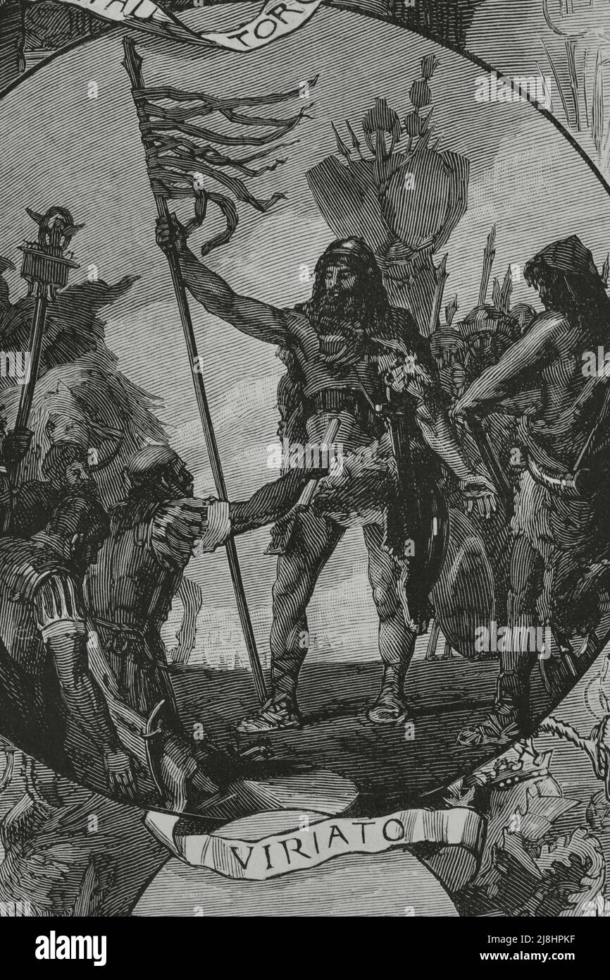 Viriato o Viriathus (d. 139 A.C.). Capo della tribù lusitana che combatté contro l'espansione dell'Impero Romano in Hispania. Incisione, 1882. Foto Stock