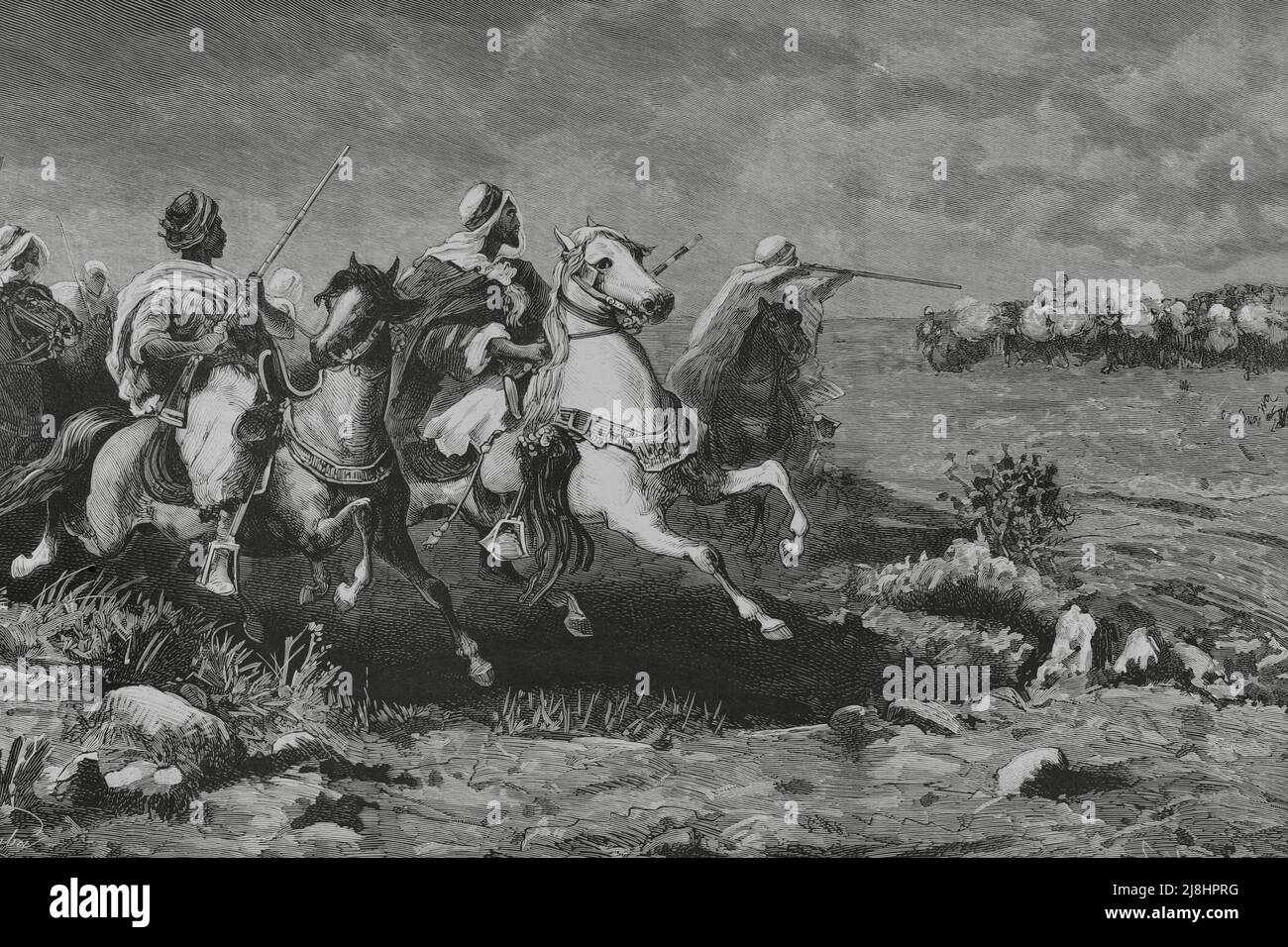 Occupazione inglese dell'Egitto, 1882. Popolazione di Tel-el-Kebir (basso Egitto). Cavalieri beduini che attaccano gli avamposti britannici. Incisione di Capuz, 1882. Foto Stock