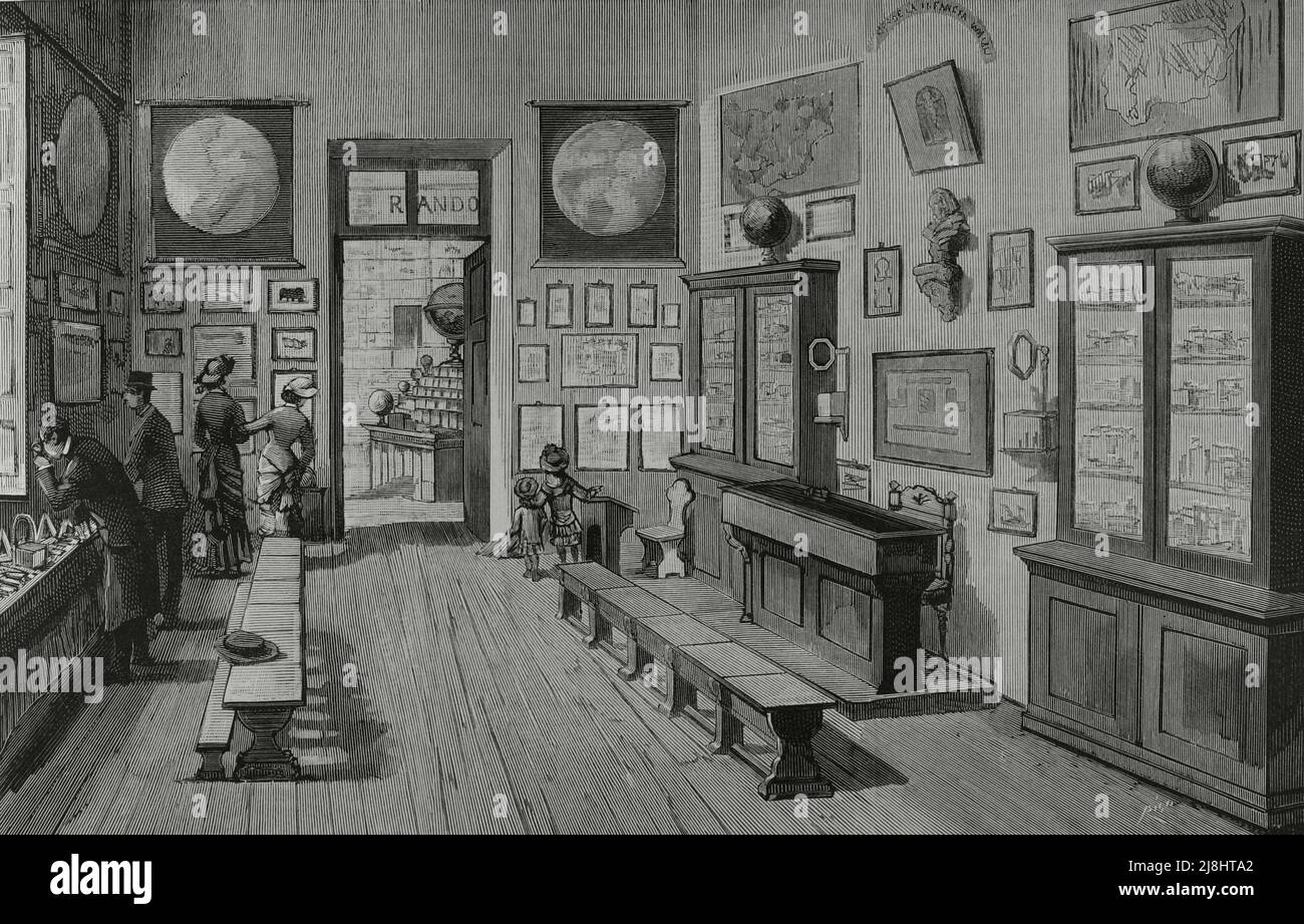 Spagna, Madrid. Congresso Pedagogico Nazionale. Inaugurato il 28 maggio 1882. Installazione di materiale pedagogico per le scuole secondo il sistema Froebel o Froebeliano. Scuole municipali e Froebel School (asilo). Incisione di Rico, 1882. Foto Stock