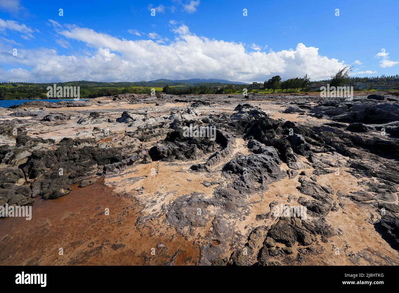 Costa frastagliata alla punta di Makaluapuna Point a West Maui, Hawaii - scogliere di Lava di Dragon's Point sul sentiero costiero di Kapalua Foto Stock