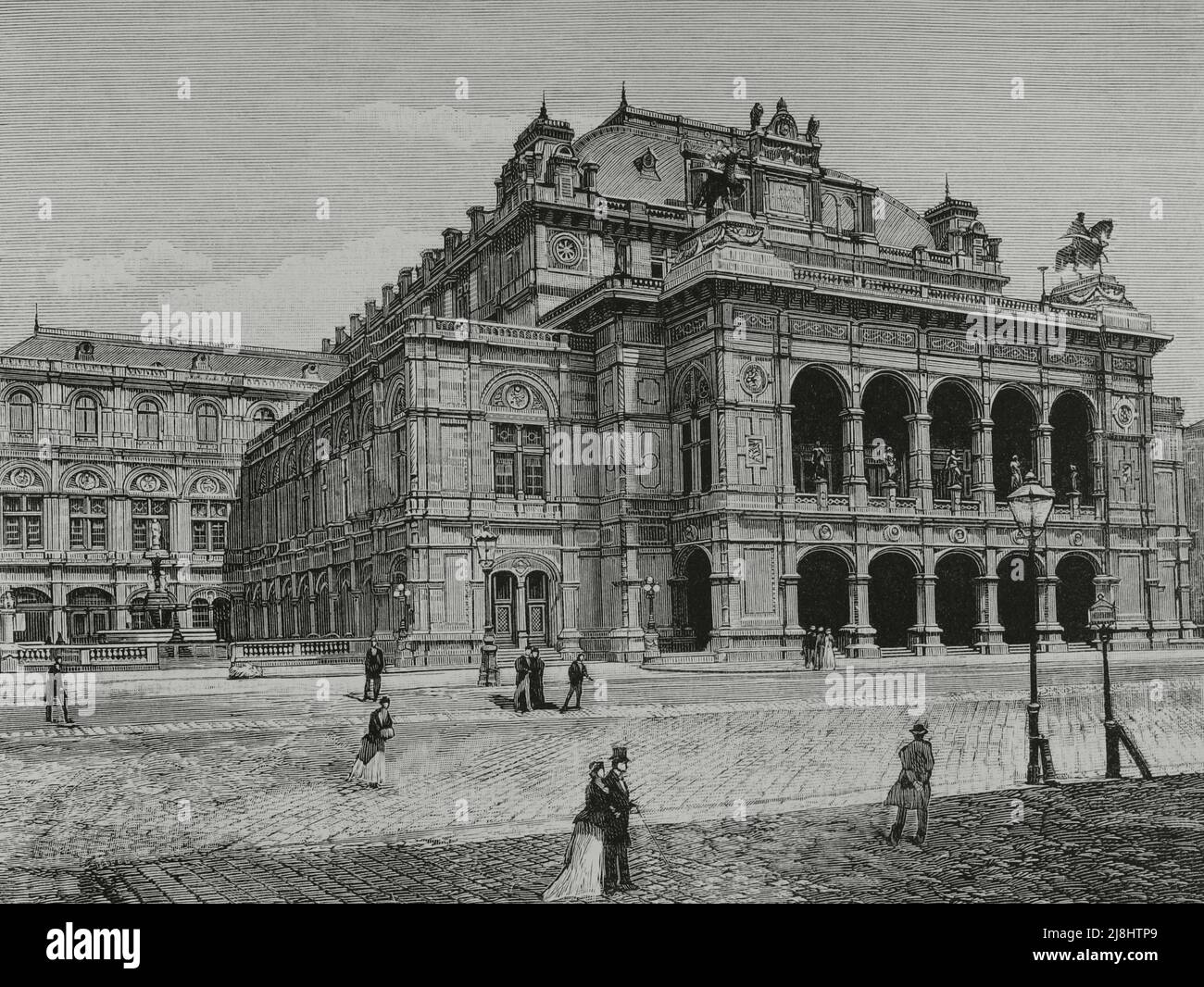 Austria, Vienna. Teatro dell'Opera Imperiale (Opernhaus). Facciata principale. Incisione, 1882. Foto Stock
