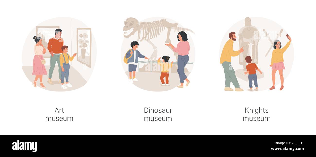 Museo della famiglia Visita isolato cartoon vettore illustrazione set. Vai alla galleria d'arte, la famiglia di fronte alla pittura, visita mostra dinosauri, storia naturale, museo di storia del cavaliere cartone animato vettoriale. Illustrazione Vettoriale