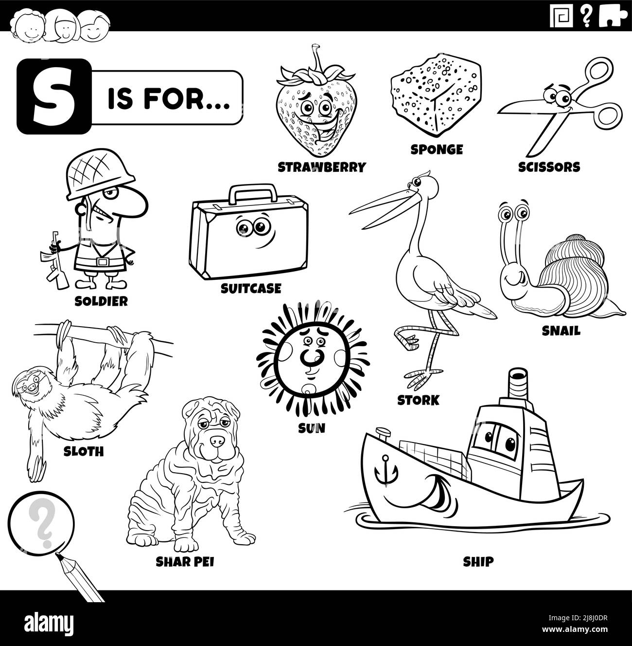 Illustrazione di cartoni animati didattici in bianco e nero per bambini con caratteri fumetti e oggetti impostati per la pagina di libro da colorare lettera S. Illustrazione Vettoriale