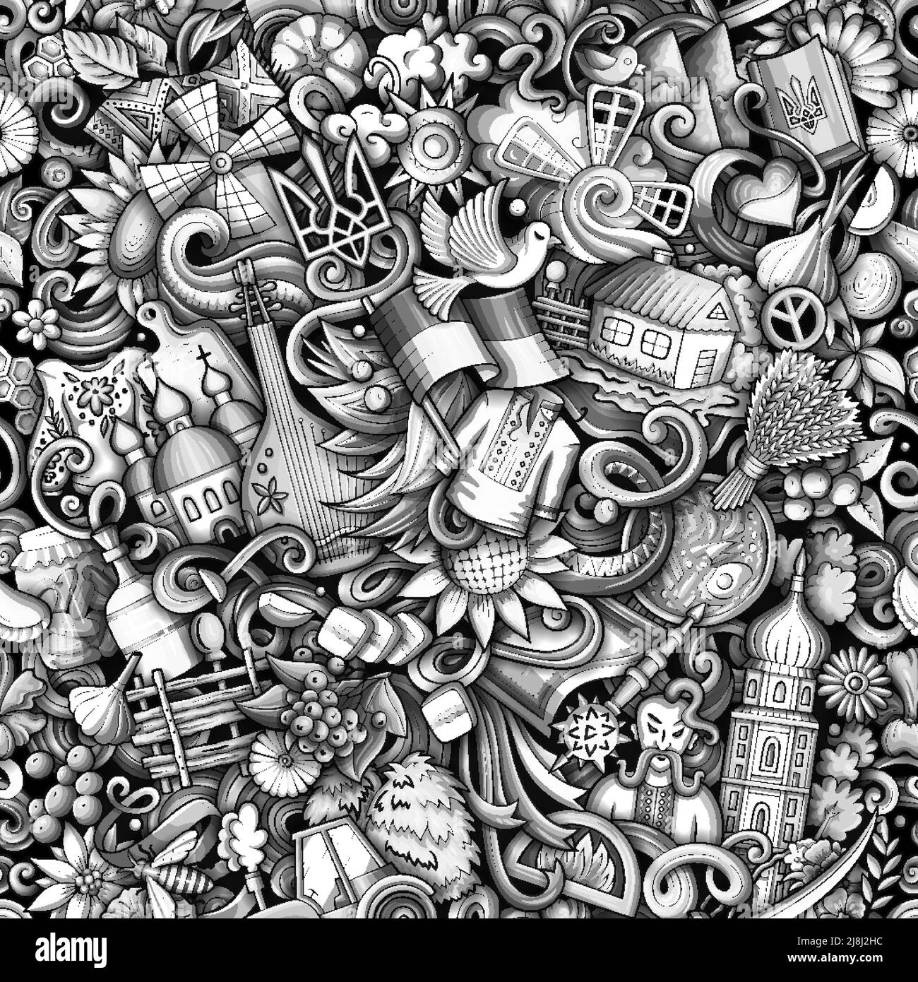Cartoon doodles Ucraina modello senza soluzione di continuità. Sfondo con simboli e oggetti locali della cultura ucraina. Sfondo monocromatico per stampa su tessuto, tessuto, Illustrazione Vettoriale