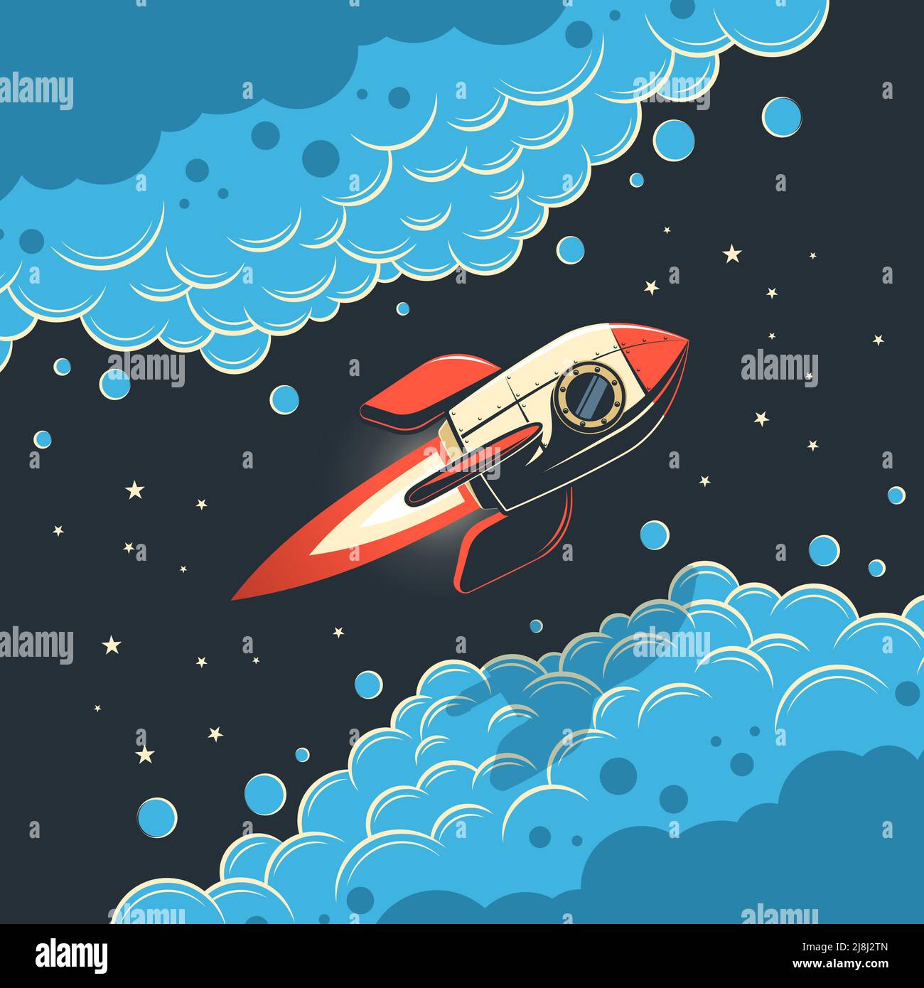 Il razzo retrò vola nello spazio tra le nuvole vorticose. Illustrazione Vettoriale
