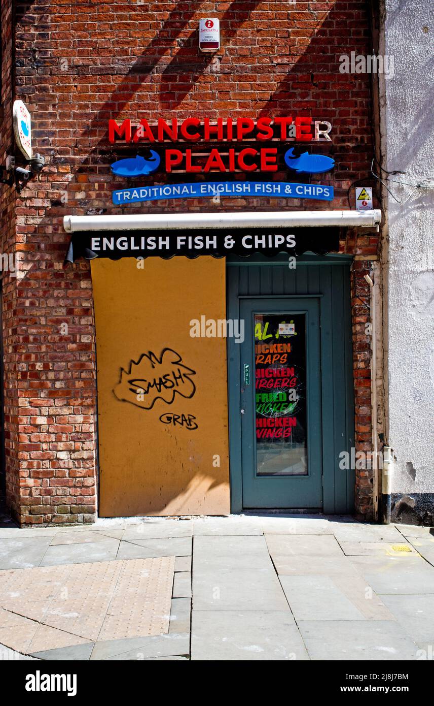 Manchippster Plaice, negozio di fish and chip, Danztic Street, Manchester, Inghilterra Foto Stock