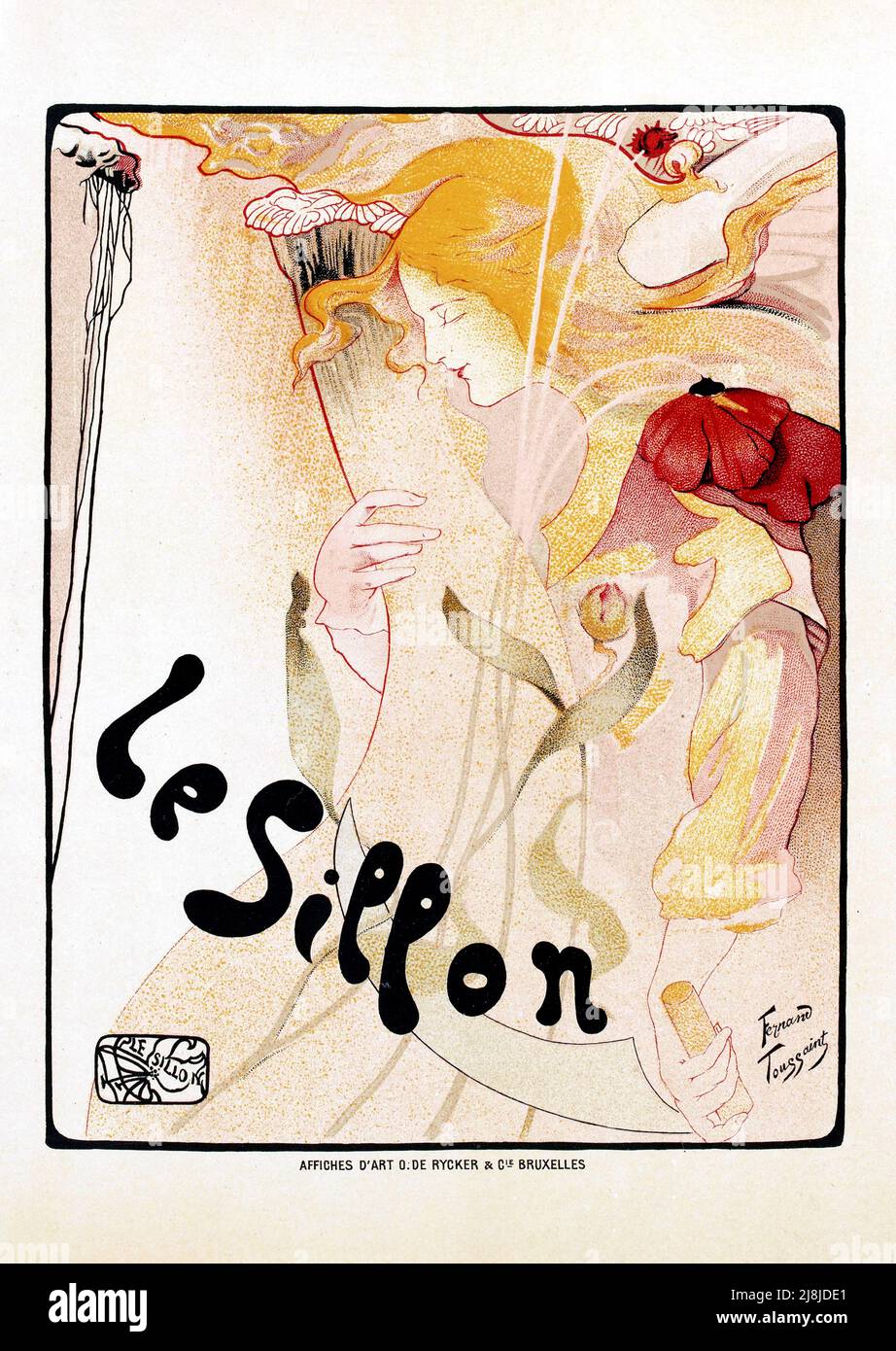 poster vintage Art deco che mostra una donna sognante e fiori intitolato la falce di Fernand Toussaint 1890s Foto Stock