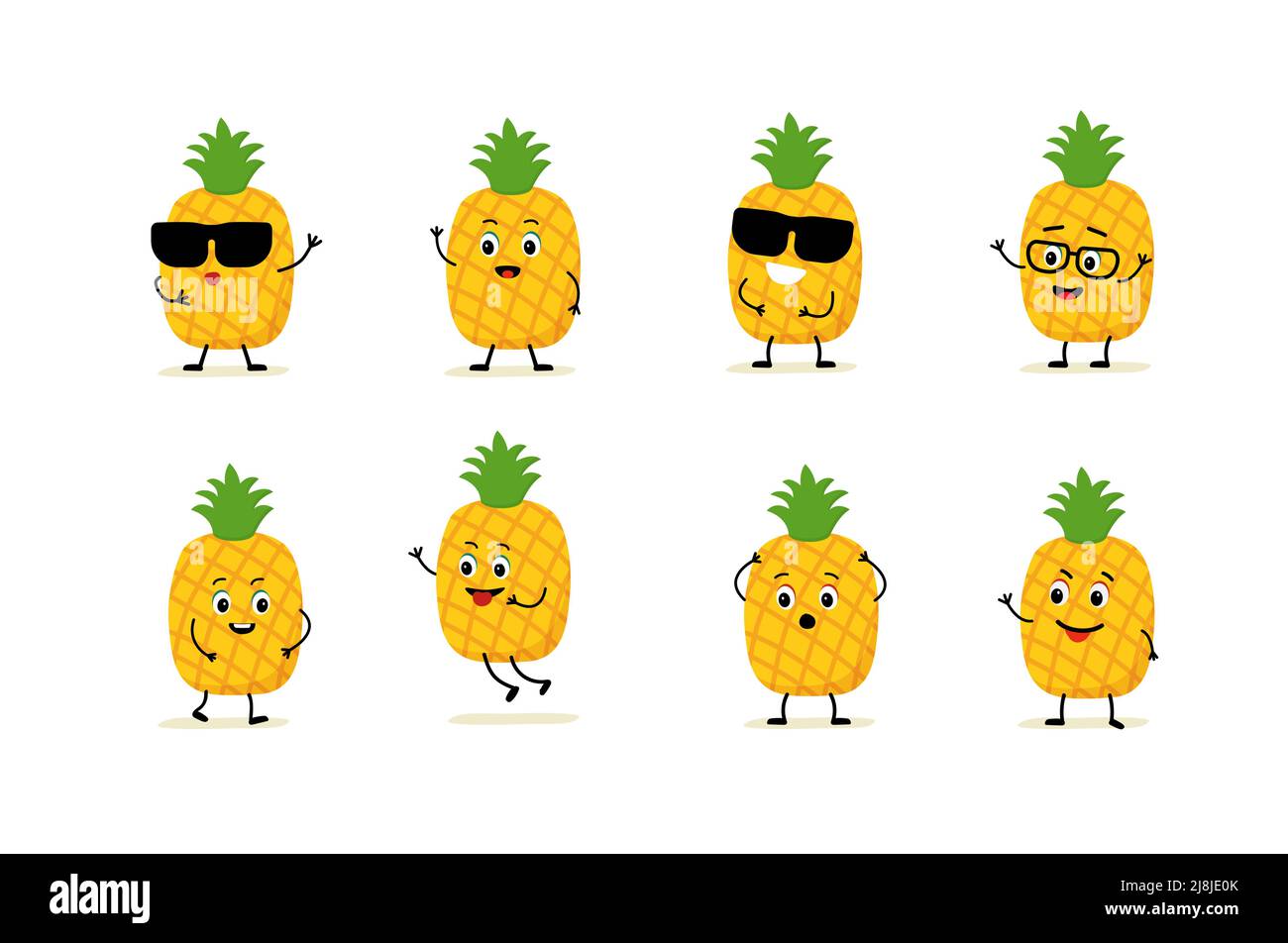 ananas carattere con faccia divertente. Allegro set di emoji fumetto carino. Illustrazione Vettoriale