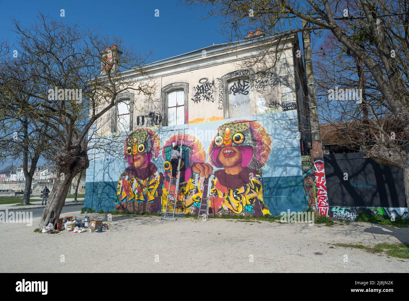 Artista di strada su scala parete di pittura di casa abbandonata a la Rochelle, dipartimento di Francia della Charente Maritime Foto Stock