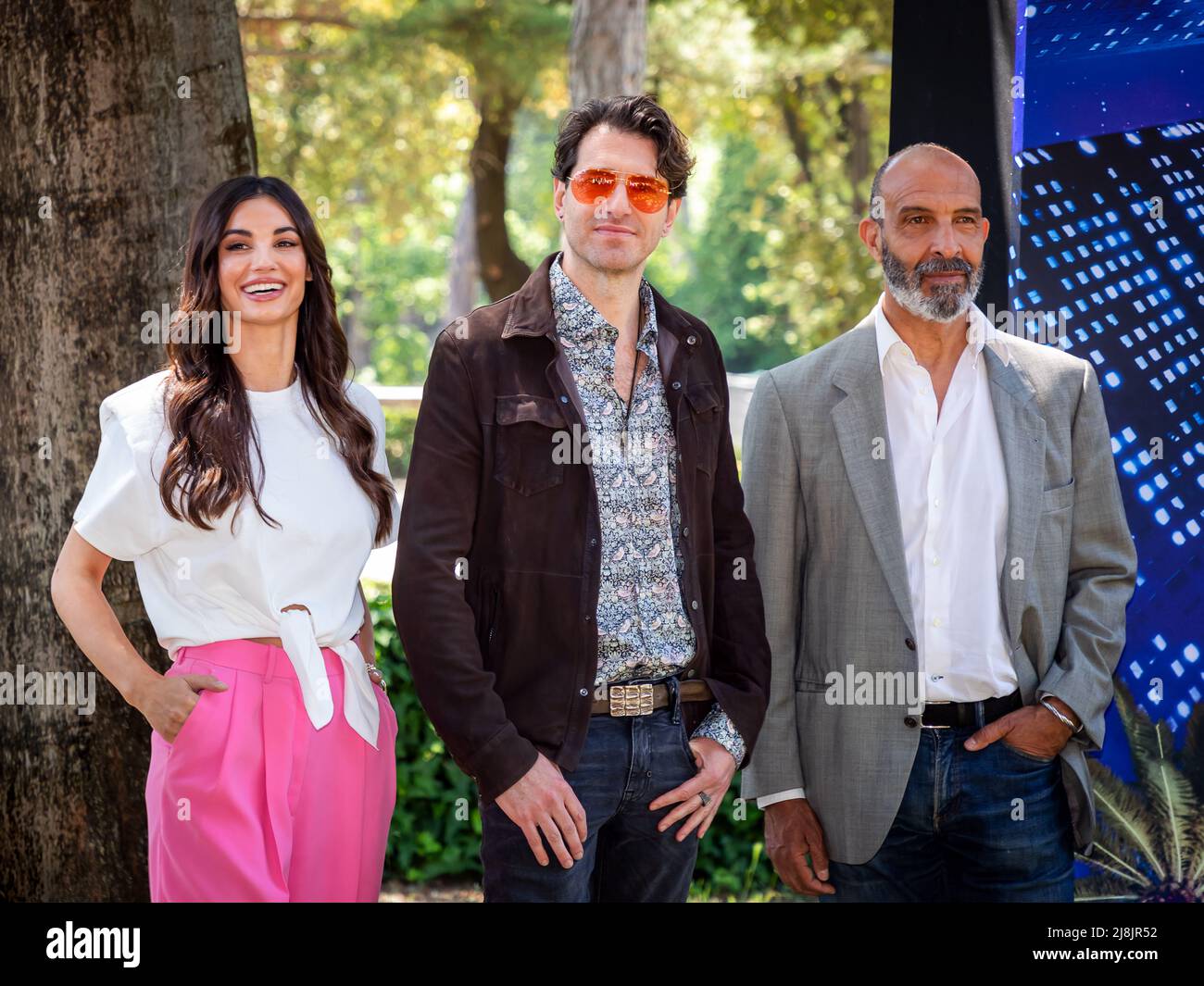 Roma, Italia - 16 maggio 2022: Attori italiani Giampaolo Morelli, Francesca Chillemi e Jonis Bascir partecipano alla fotocall del film 'CIP e Ciop Agenti speciali'. Gli attori dub i vari personaggi del film d'animazione in italiano. Foto Stock