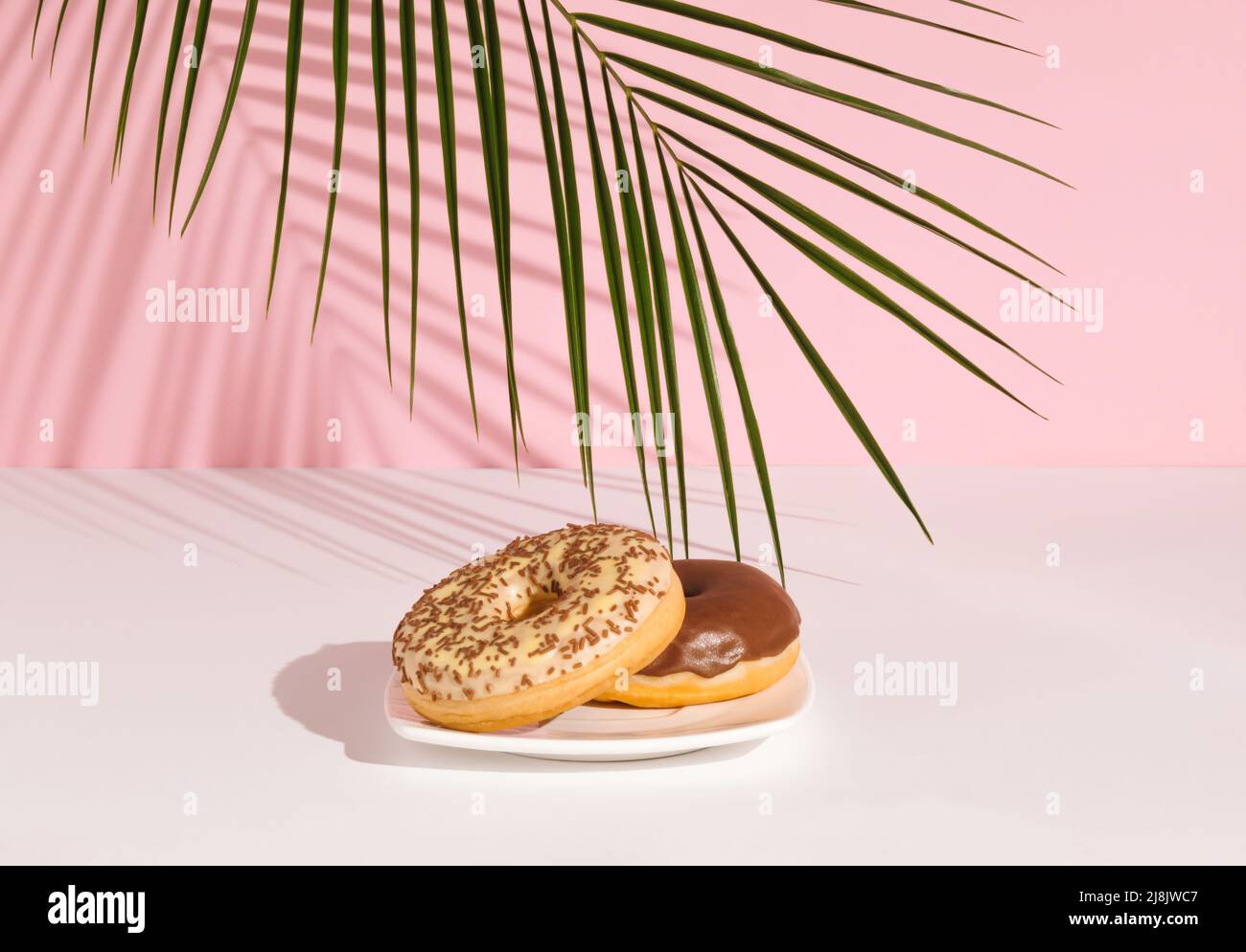 Foglie di palma tropicale e ciambelle ricoperte di cioccolato su sfondo rosa pastello. Concetto minimo di cibo. Foto Stock Foglie di palma tropicale e ciambelle ricoperte di cioccolato su sfondo rosa pastello. Concetto minimo di cibo. Foto Stock
