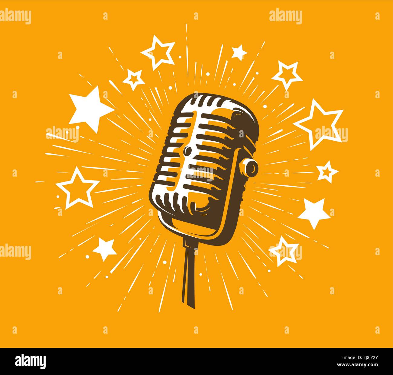 Simbolo della festa del karaoke. Immagine vettoriale del microfono retrò e dell'emblema delle stelle Illustrazione Vettoriale