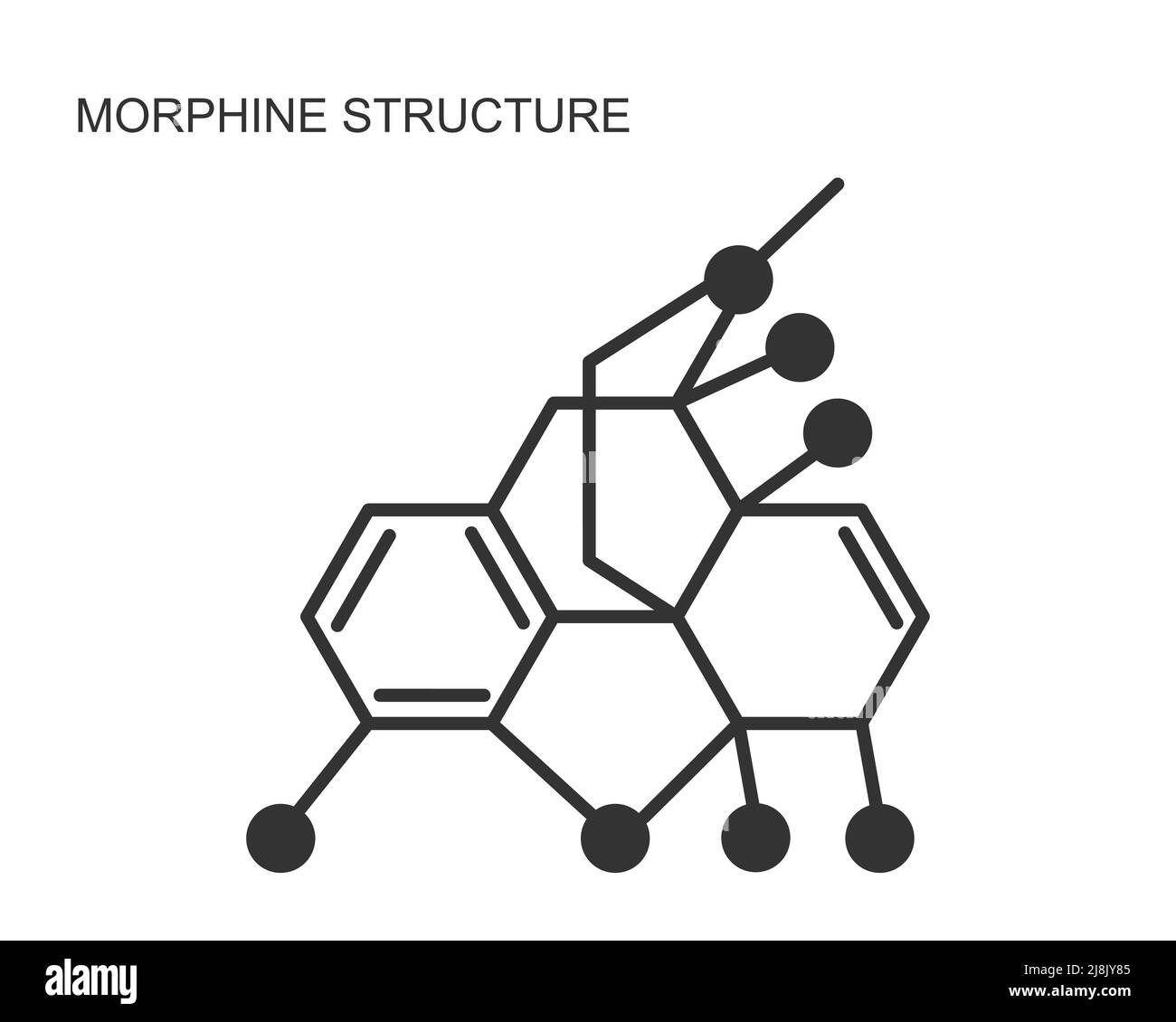 Icona della struttura molecolare chimica della morfina isolata su sfondo bianco. Alcaloide con effetto analgesico. Formula medica del farmaco dell'oppio. Illustrazione del contorno vettoriale. Illustrazione Vettoriale