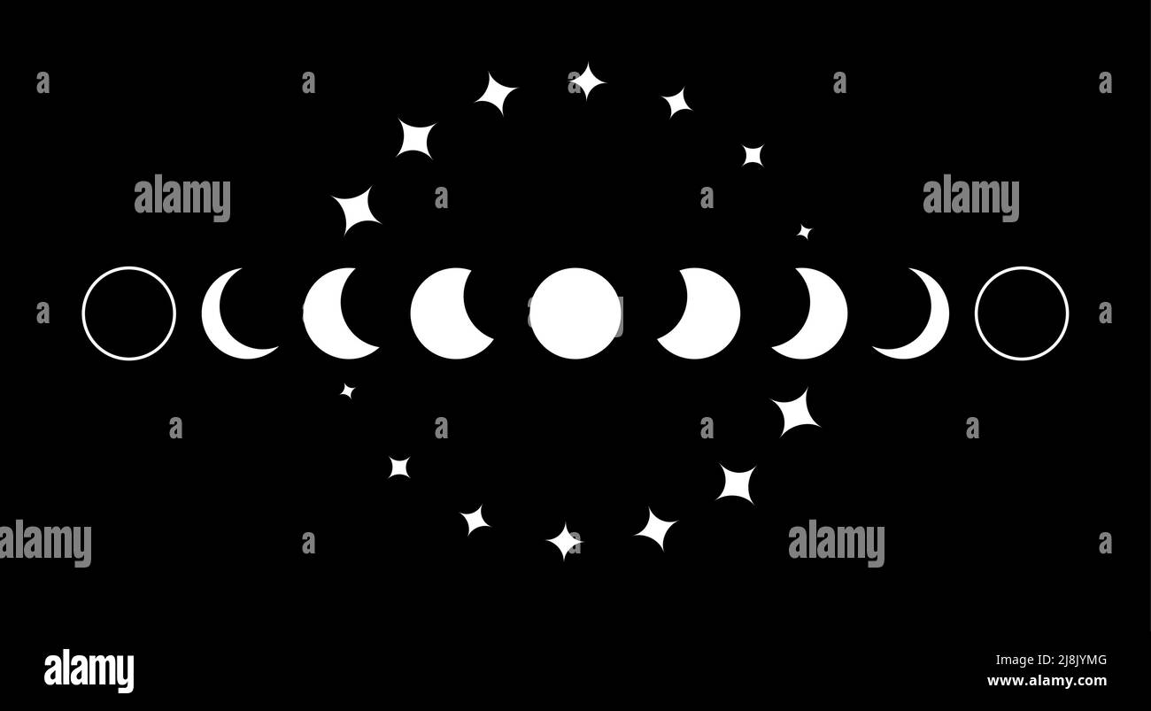 Cornice bianca Moon Phases, cartello wicca. Luna tripla pagana simbolo della dea Wiccan, geometria sacra, ruota dell'anno e stelle, isolato Illustrazione Vettoriale