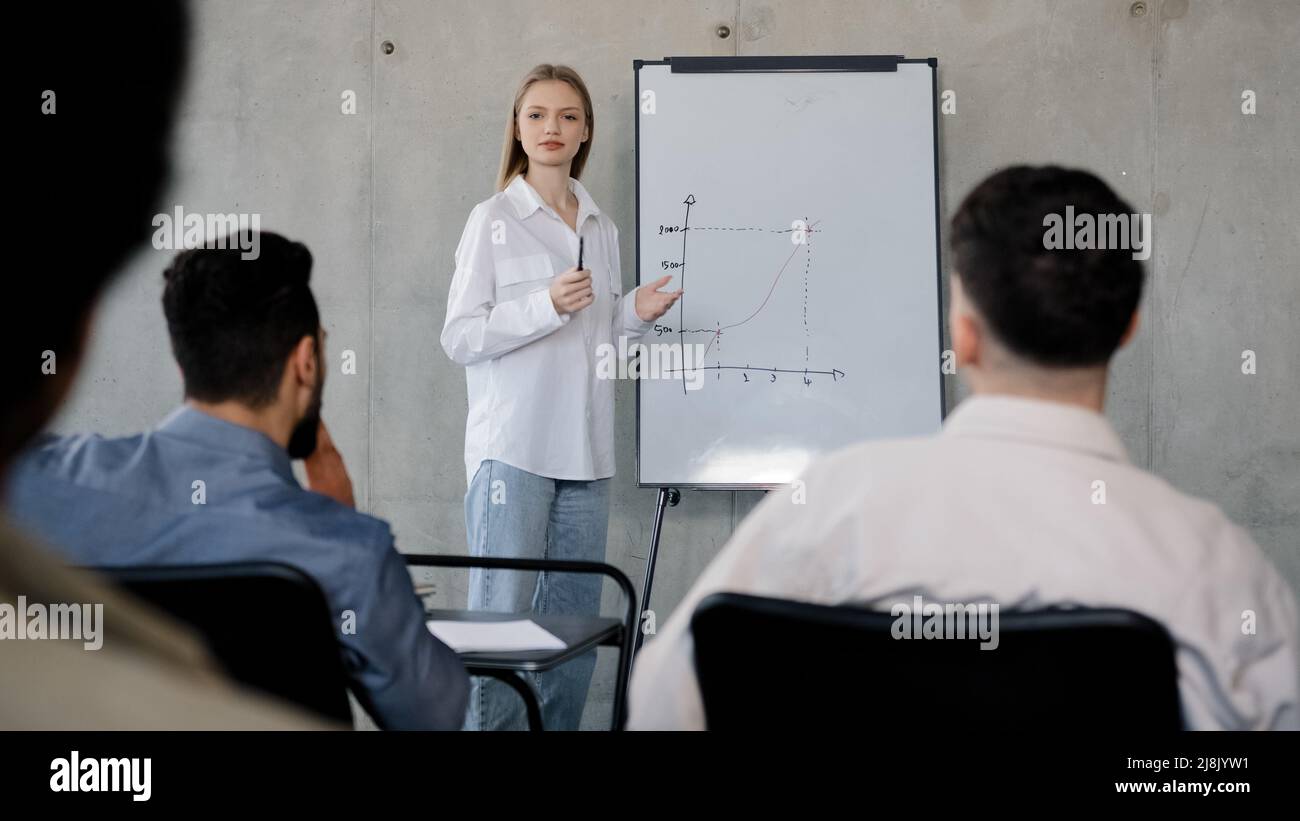 Giovane donna d'affari caucasica insegnante trainer mentor leader conferenziere altoparlante dà business consulenza presentazione spiega carta treni diversi Foto Stock