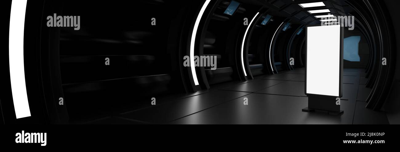 Blank mock up verticale cartellone o LCD schermo a pavimento in navicella spaziale o interno della stazione spaziale, Sci Fi tunnel, pubblicità concetto, Template Horizo Foto Stock
