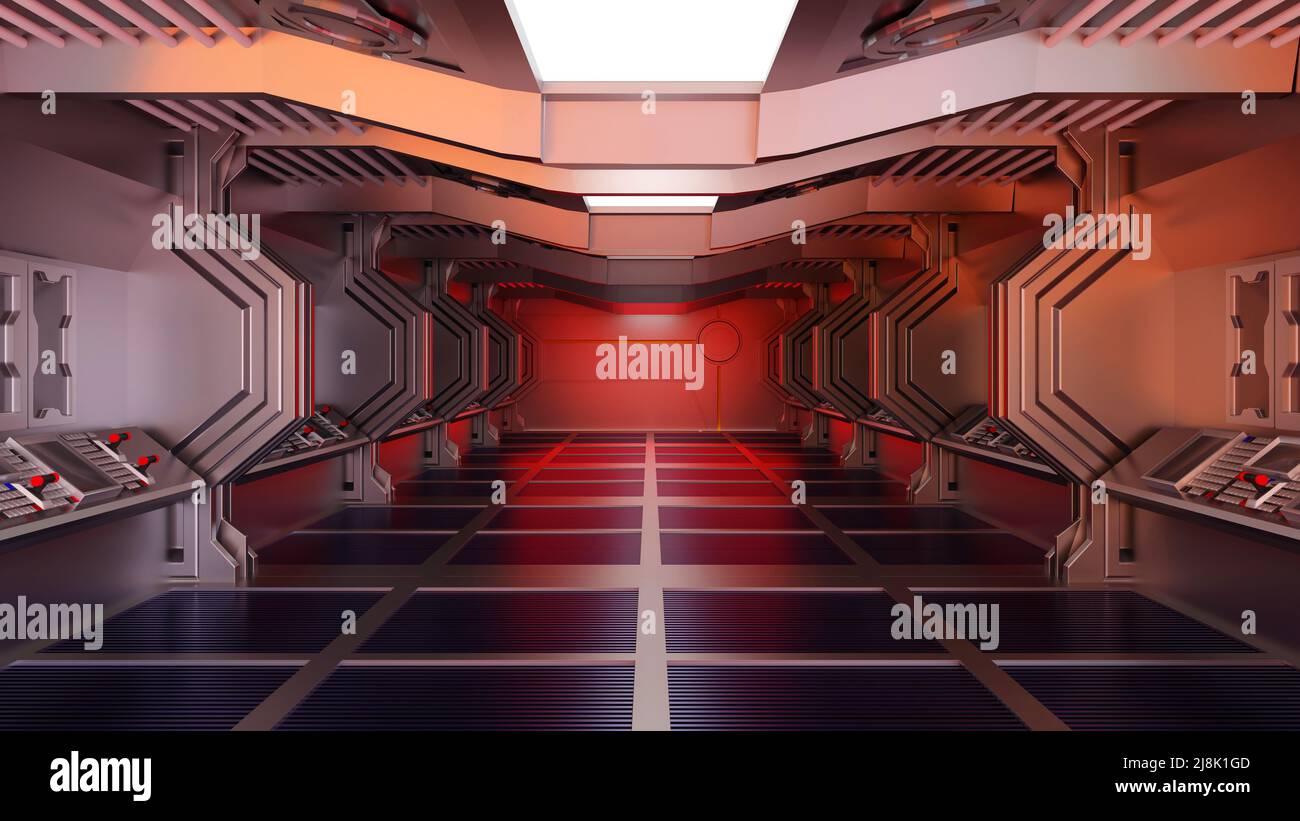 All'interno della navicella spaziale o della stazione spaziale, tunnel Sci-Fi, corridoio con sfondo vuoto, rendering 3D Foto Stock