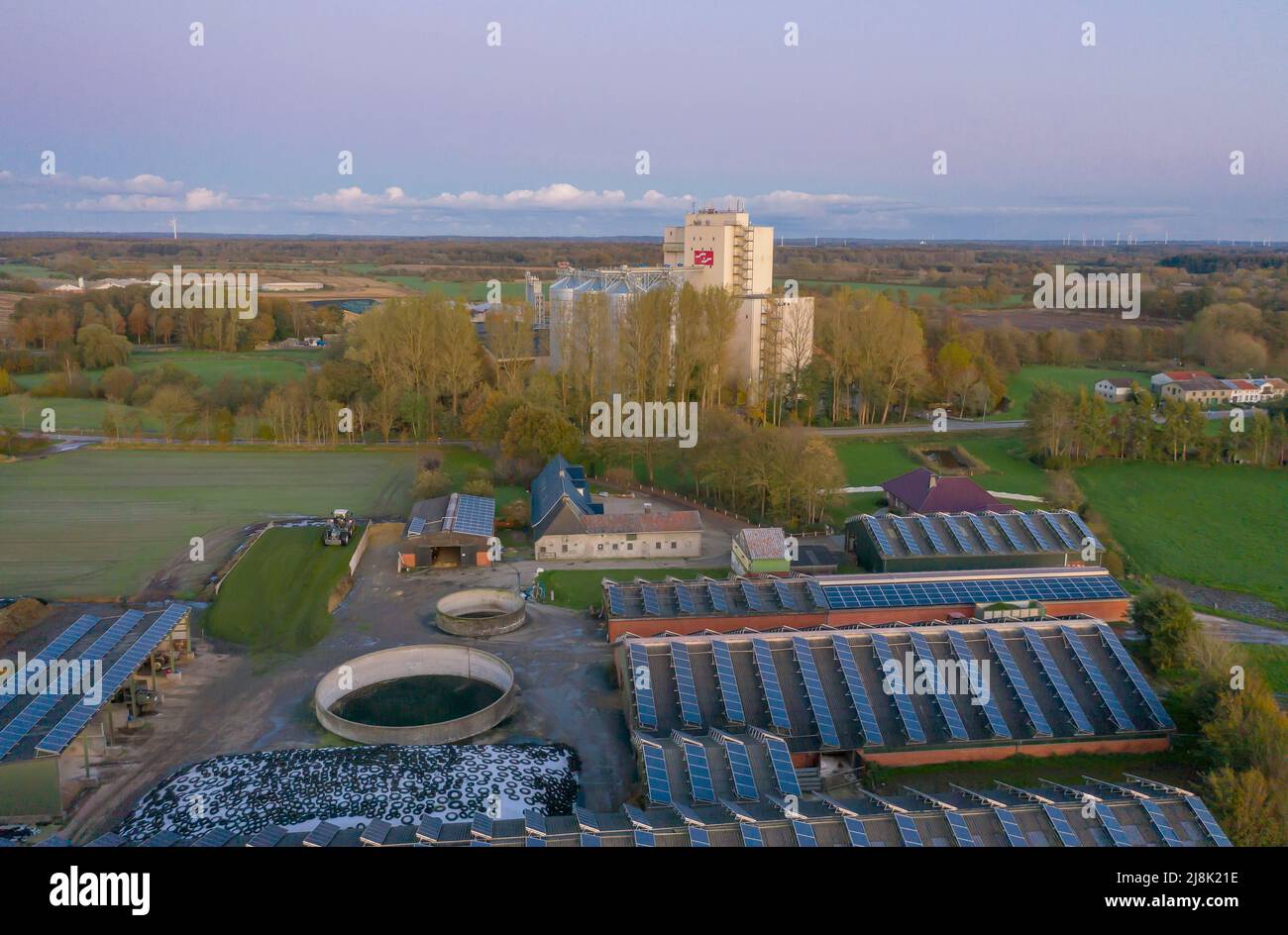 Foto drone con paesaggio di campo con silo e fabbrica, Germania, Schleswig-Holstein Foto Stock