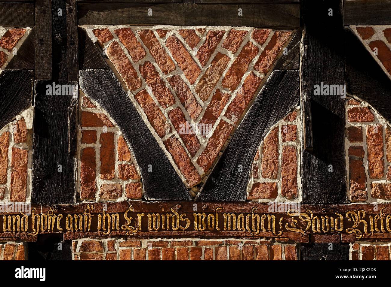Dettagli della Pannellature, casa con travi a vista del 1632, centro storico, Germania, Schleswig-Holstein, Moelln Foto Stock