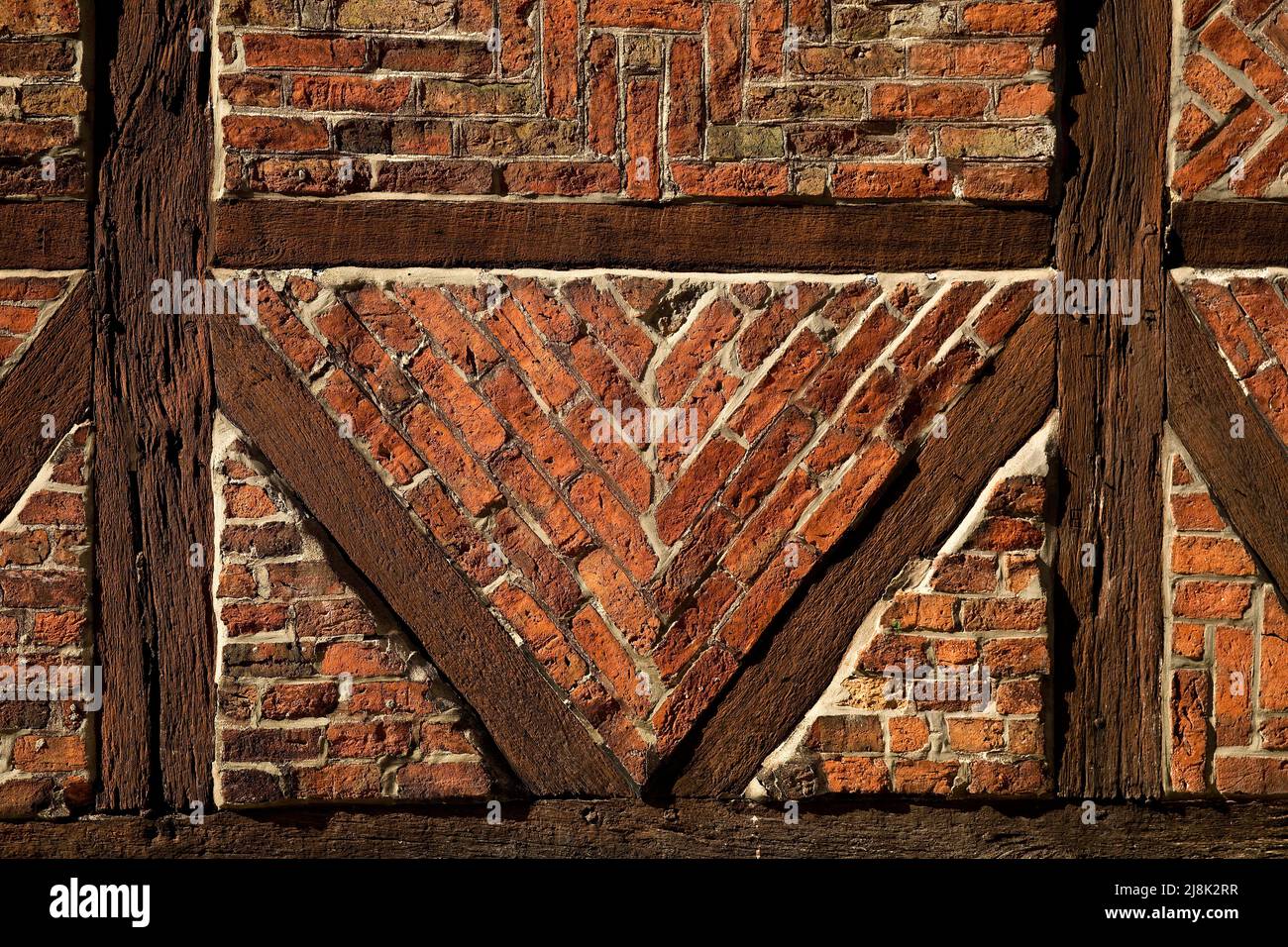 Dettagli della Pannellature, casa con travi a vista del 1632, centro storico, Germania, Schleswig-Holstein, Moelln Foto Stock