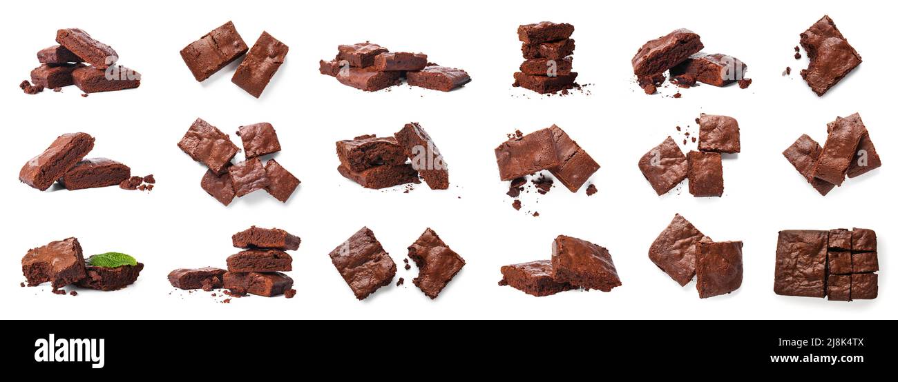Set di pezzi di brownie al cioccolato su sfondo bianco Foto Stock