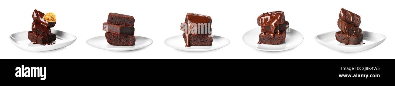 Set di pezzi di brownie al cioccolato su sfondo bianco Foto Stock