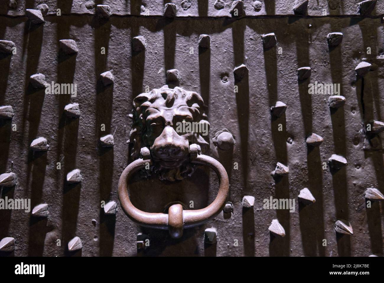 Maniglia porta in ferro battuto con testa di leone gotico e medievale Foto Stock