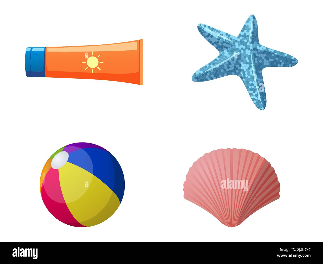 Set di illustrazioni isolato per Sun Screen, Starfish, Beach Ball e Sea shell Illustrazione Vettoriale