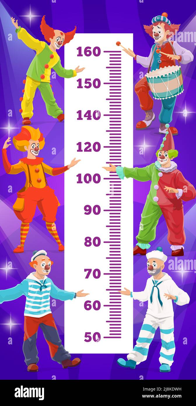 Tabella altezza bambini, crescita clown shapito circus. Righello per parete vettoriale per la misurazione dell'altezza dei bambini con personaggi fumettisti. Scala con grandi harlequins top, funster in costumi luminosi Illustrazione Vettoriale
