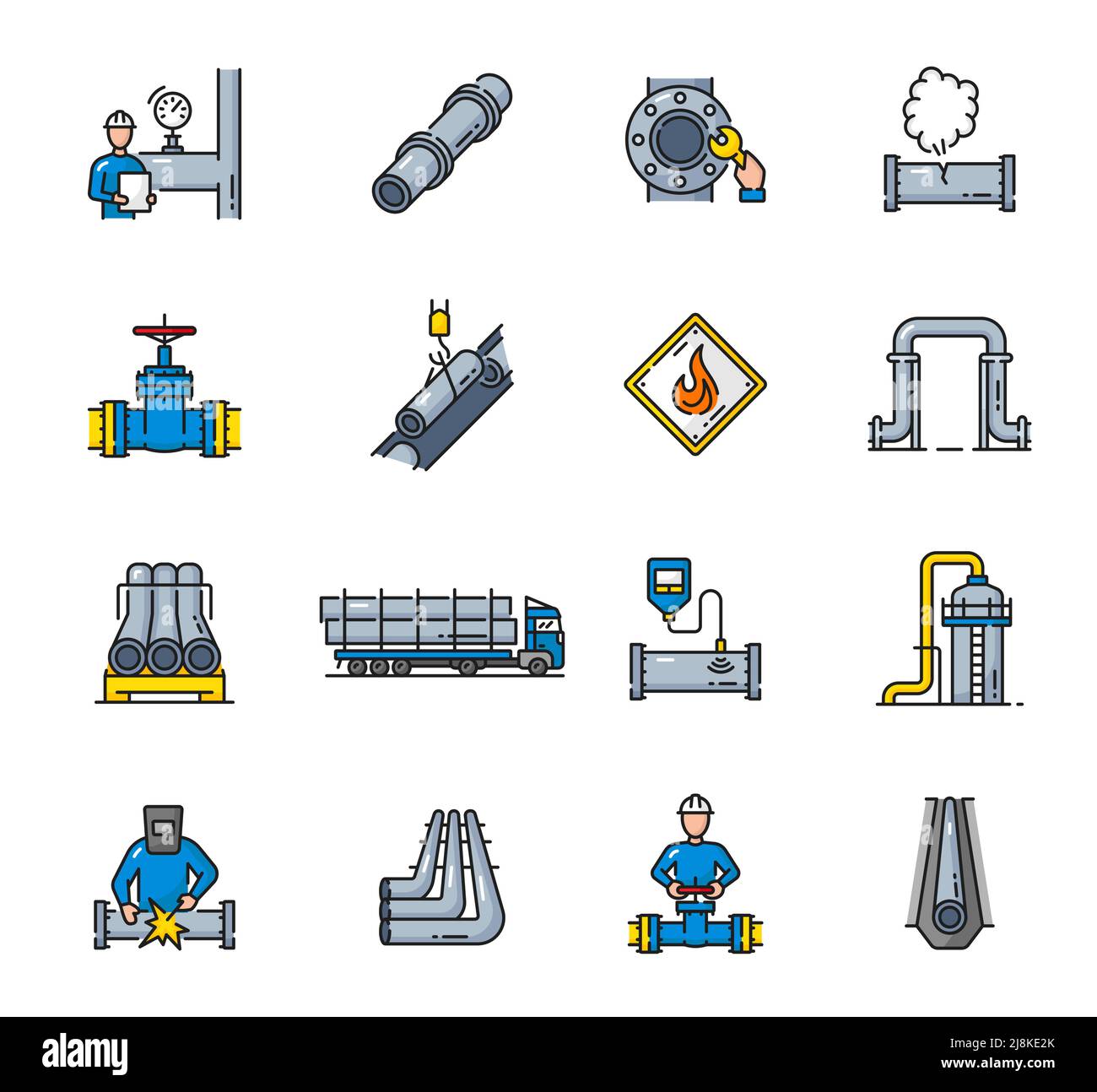 Pipeline, gas, icone di colore dell'industria petrolifera, vettore isolato Oilman in casco, tubo rotto con vapore. Tubo con valvola, serbatoio del carburante industriale, autocarro per il trasporto e saldatrice, a mano con dadi girati per chiave Illustrazione Vettoriale