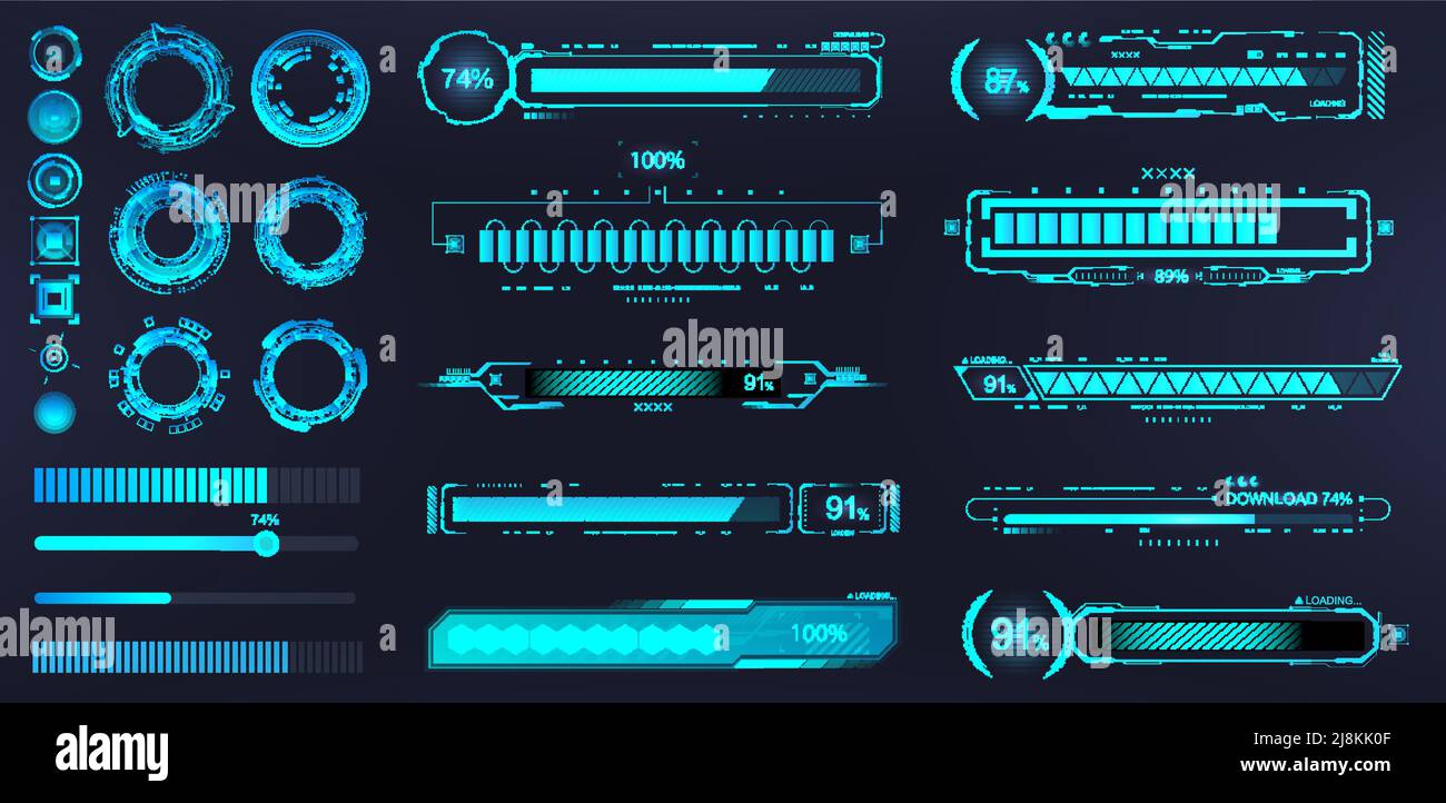 Futuristica barra di avanzamento del download HUD. Elementi digitali blu Illustrazione Vettoriale