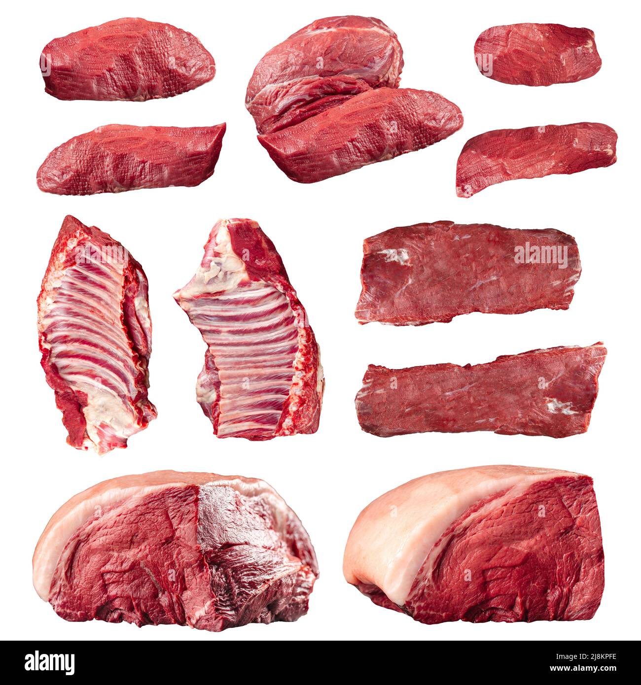 Collage di pezzi isolati di carne di manzo crudo Foto Stock