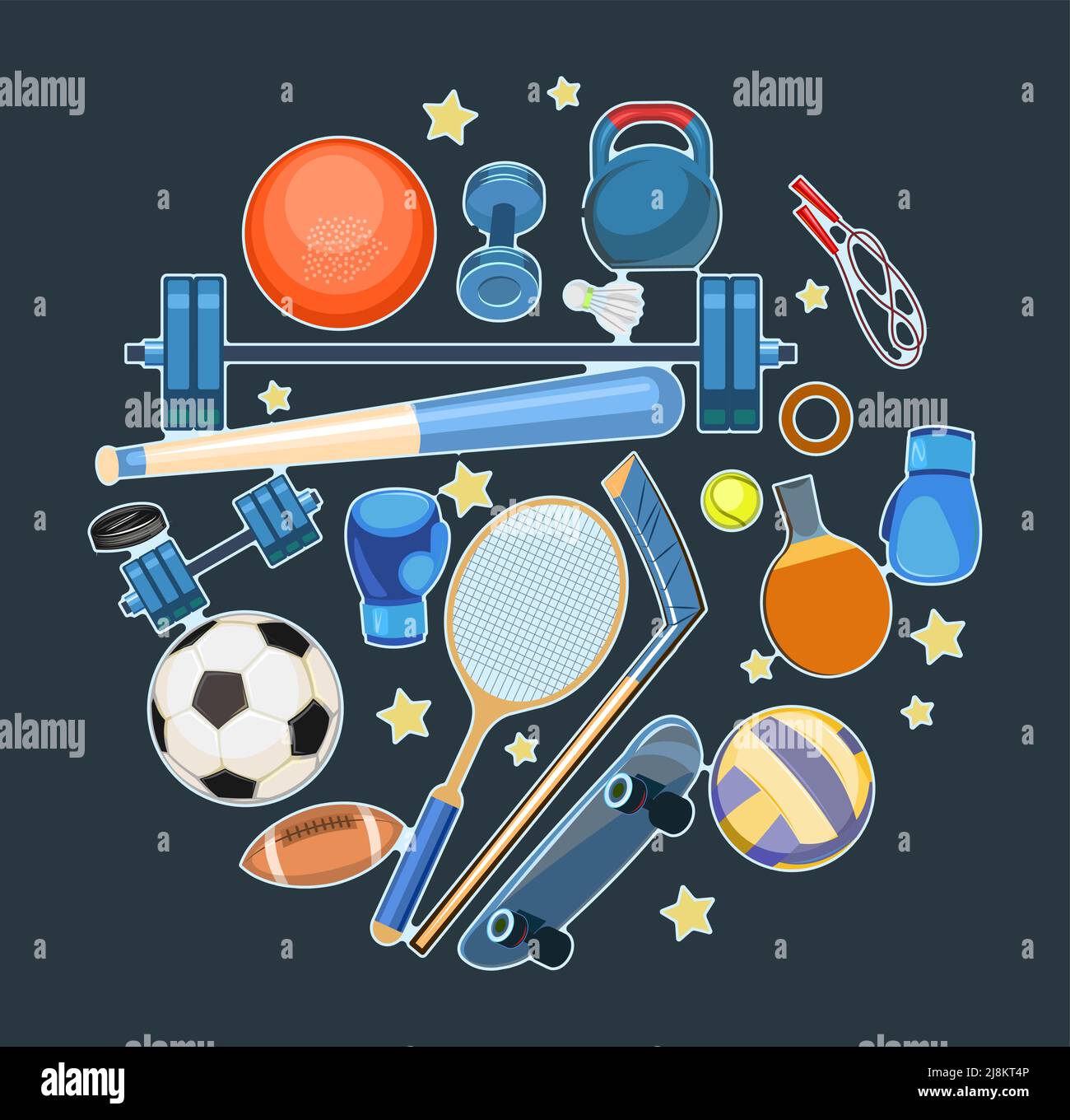 Attrezzature sportive per atleti. Composizione rotonda. Set di attrezzi. Simbolo, icona. Illustrazione colorata. Vettore. Illustrazione Vettoriale