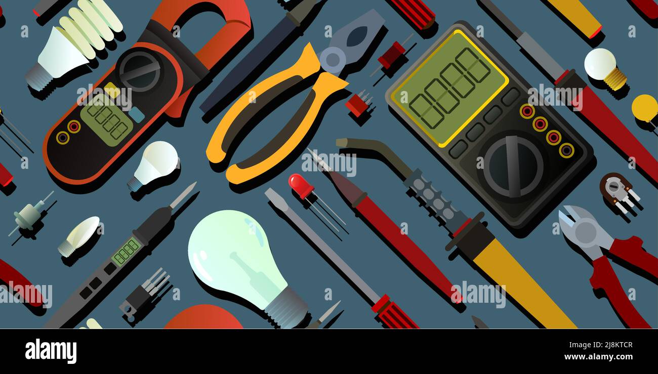 Attrezzi per elettricista. Riparazione di apparecchiature radio elettroniche e a microprocessore. Componenti di ricambio e assistenza. Ripetizione senza giunture. Vettore. Illustrazione Vettoriale
