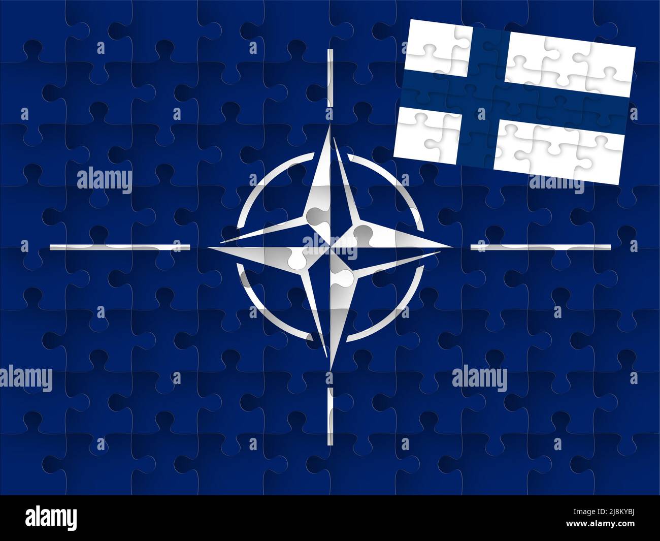 Immagine simbolo: Un puzzle con il logo della NATO. Il pezzo mancante è la bandiera della Finlandia Foto Stock