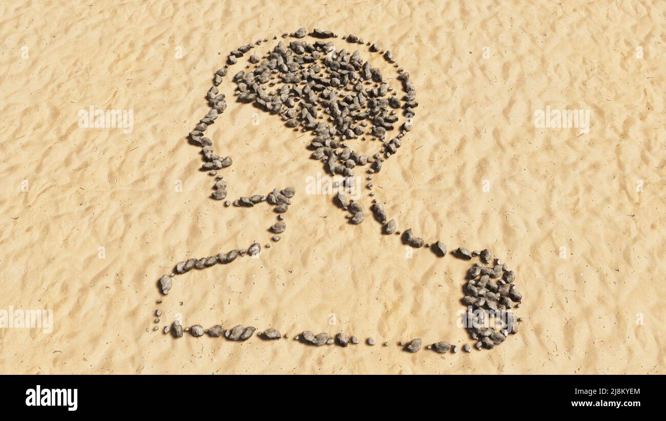 Concept pietre concettuali sulla spiaggia sabbia forma simbolo fatta a mano, sfondo sabbioso dorato, segno di cervello umano. Una metafora di illustrazione del 3D per la scienza Foto Stock
