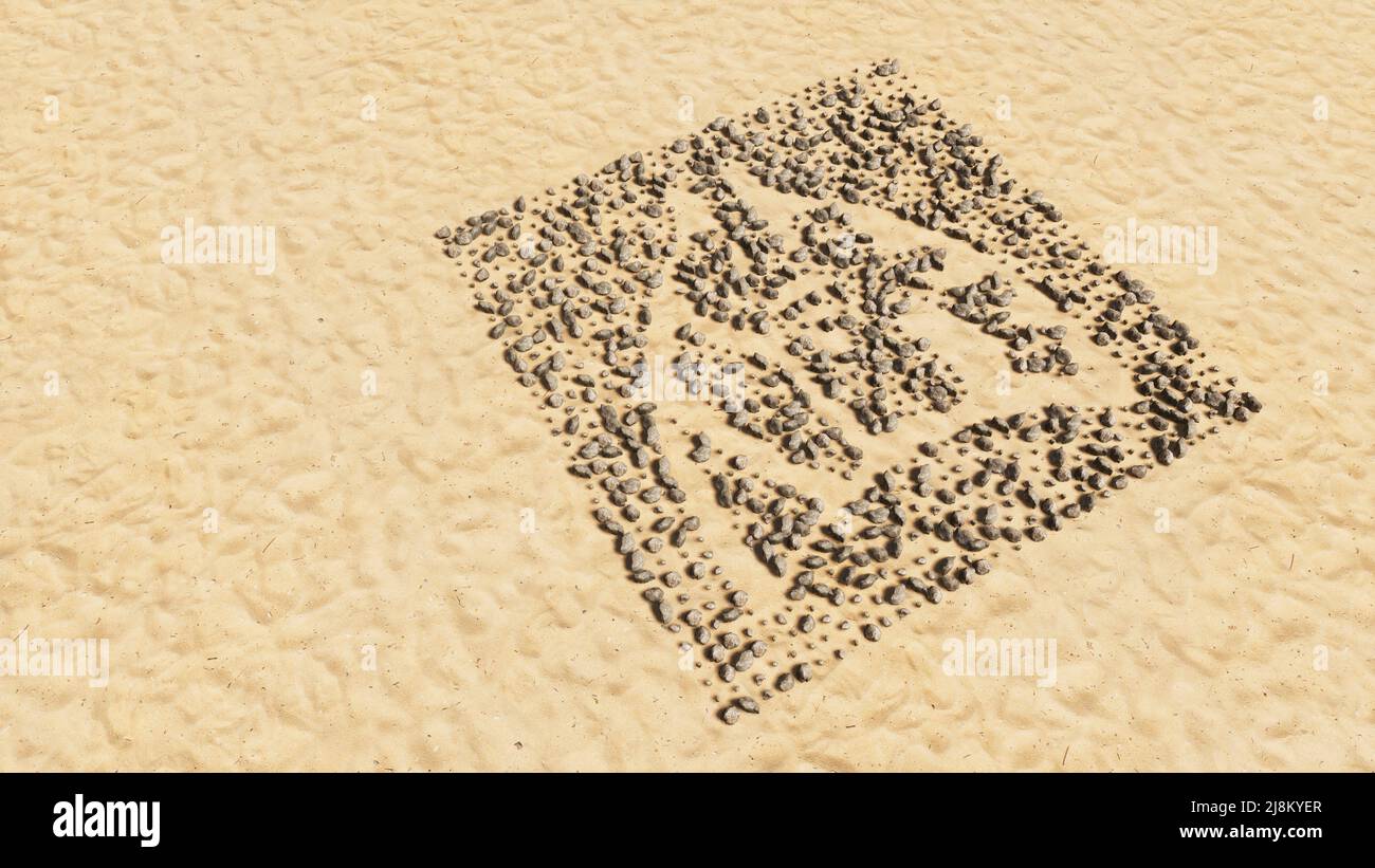 Concept pietre concettuali sulla spiaggia sabbia simbolo forma fatta a mano, sfondo sabbioso dorato, polmoni e immagine del cuore. Una metafora di illustrazione del 3D per la medicina Foto Stock