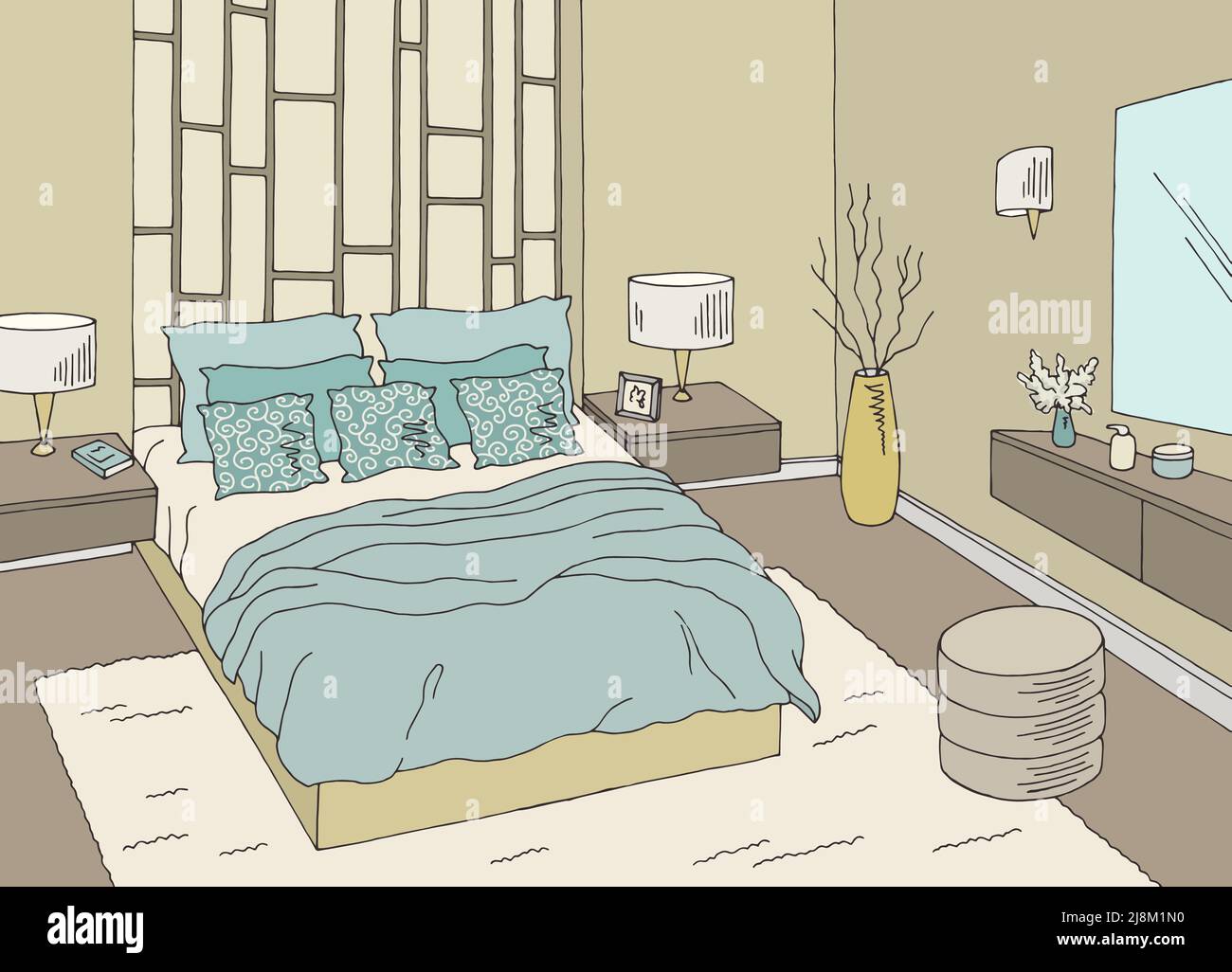 Disegno grafico a colori della camera da letto disegno interno vettore Illustrazione Vettoriale