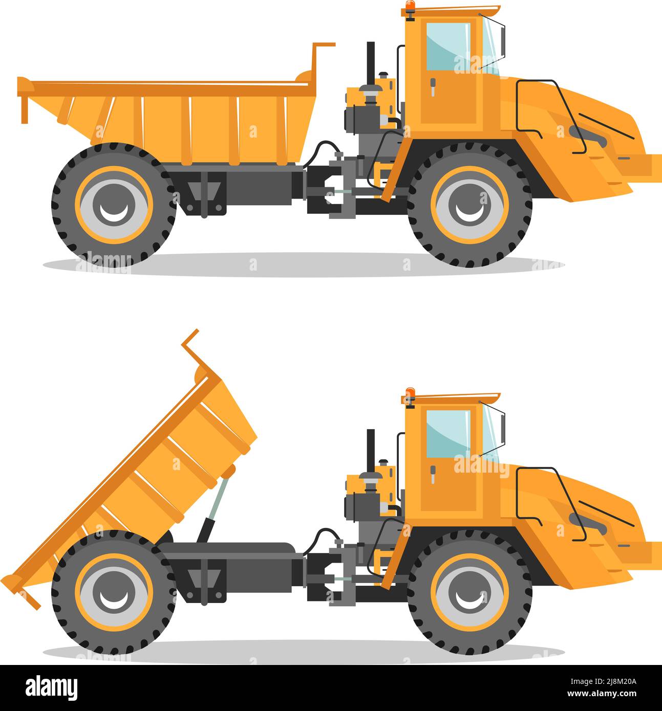 Illustrazione dettagliata del dumper da miniera. Carrello fuori strada con diversa posizione della scocca. Attrezzature per macchine da miniera pesanti e macchinari da costruzione. Illustrazione Vettoriale
